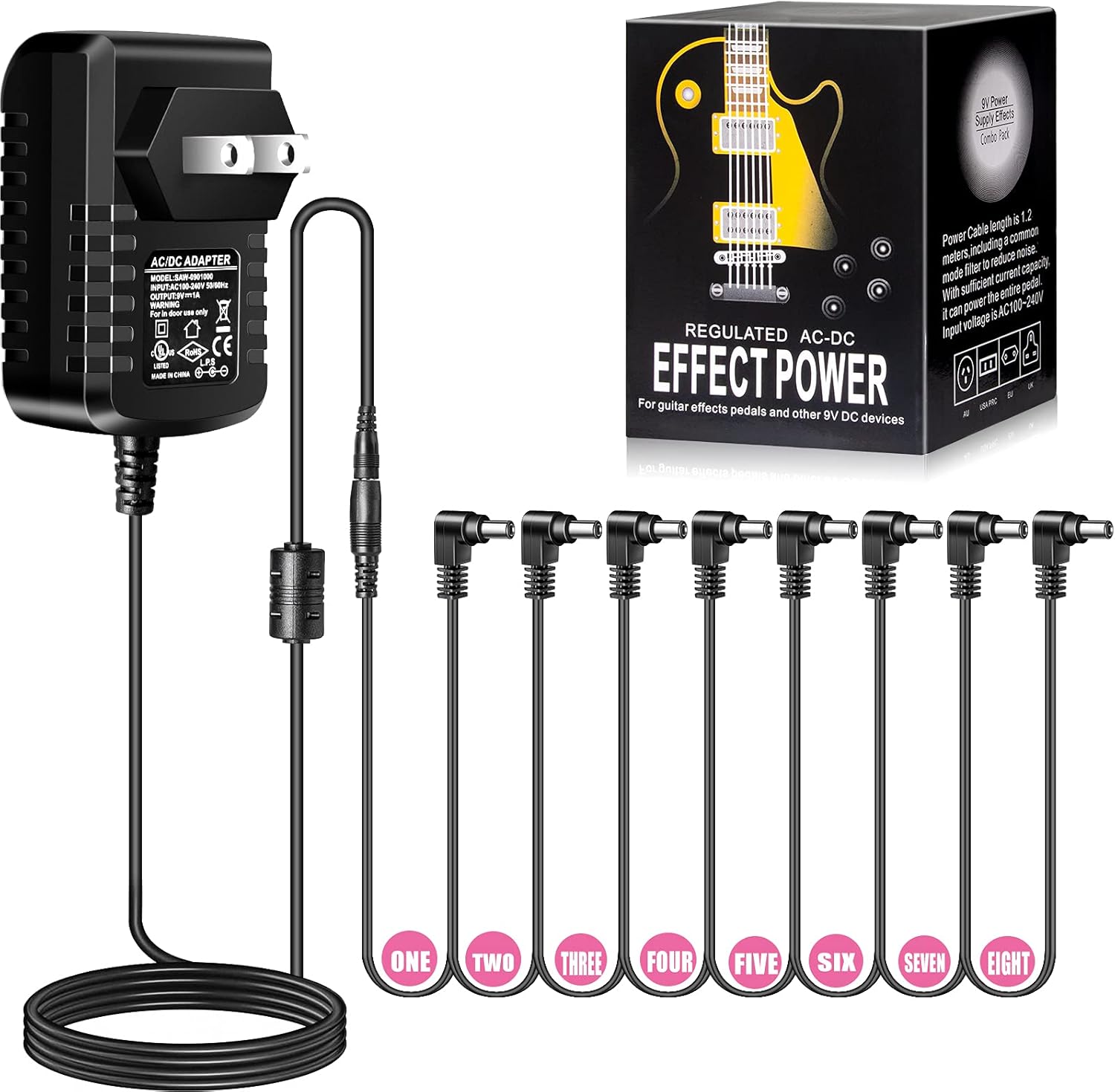 Fuente de alimentación de guitarra, adaptador de cargador de pared de CA 9 V CC 1A 1000 mA Punta Negativa 8 Way Daisy Chain Pedal Cables para la