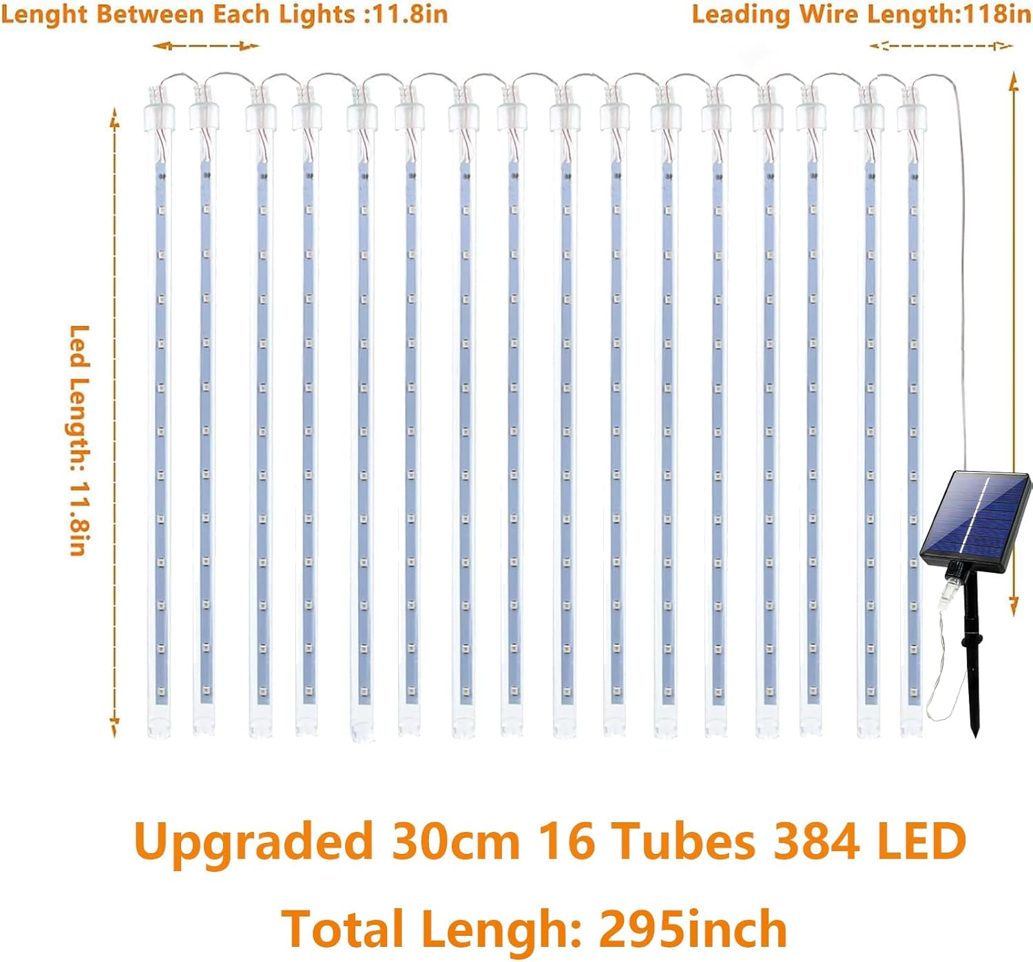 Luces solares de lluvia de meteoritos impermeables para exteriores, luces de decoración de Navidad, funciona con energía solar, 16 tubos de 384