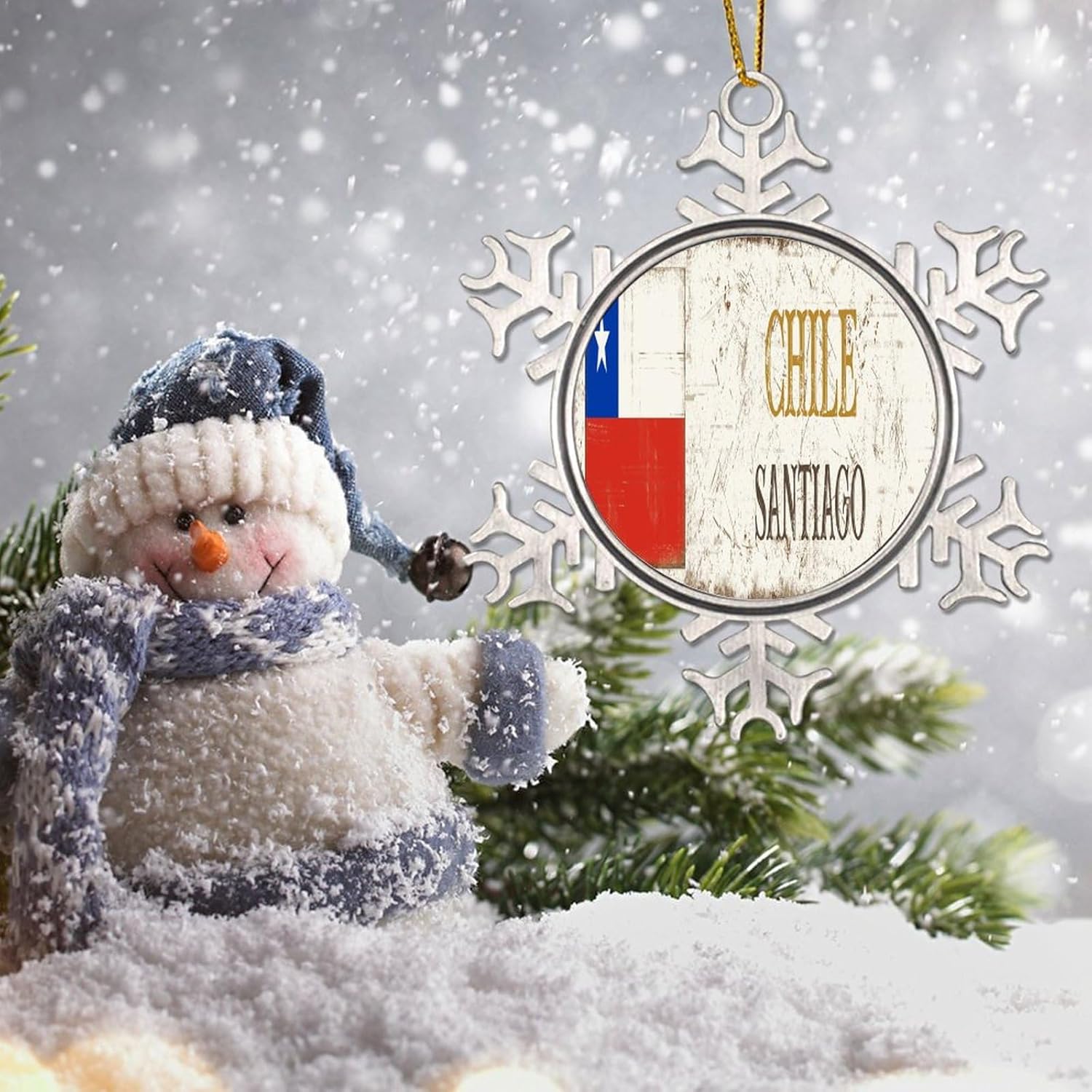 CowkissSign Adorno de bandera para Navidad, adorno de Santiago para decoración de árbol de Navidad, regalo de Chile, viajero del mundo, copos de