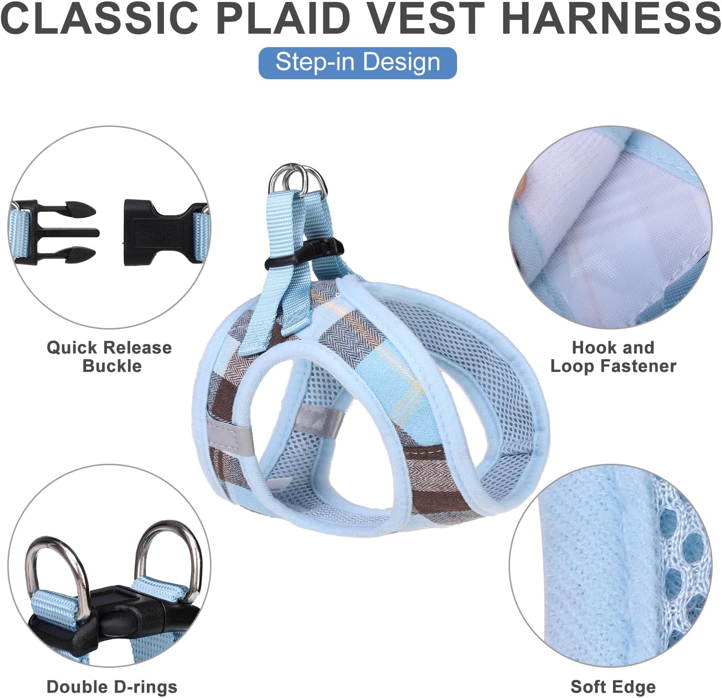 EXPAWLORER Arnés clásico para perro a cuadros, collar y correa para perro pequeño, de malla suave, acolchado, ajustable, sin tirones, reflectante, a