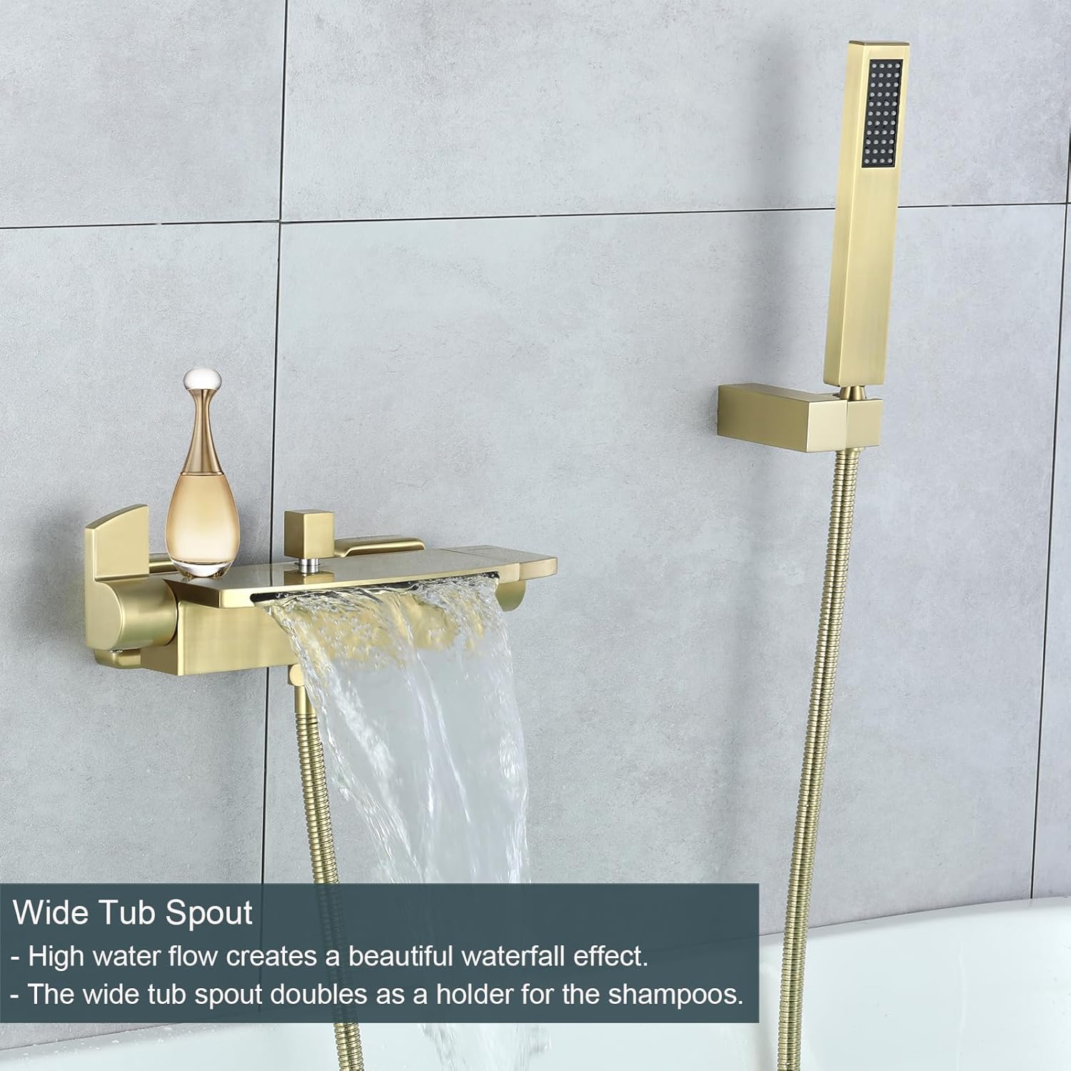Grifo de bañera en cascada de montaje en pared con ducha de mano, relleno de bañera de oro cepillado de 2 asas, grifo de pared de latón con
