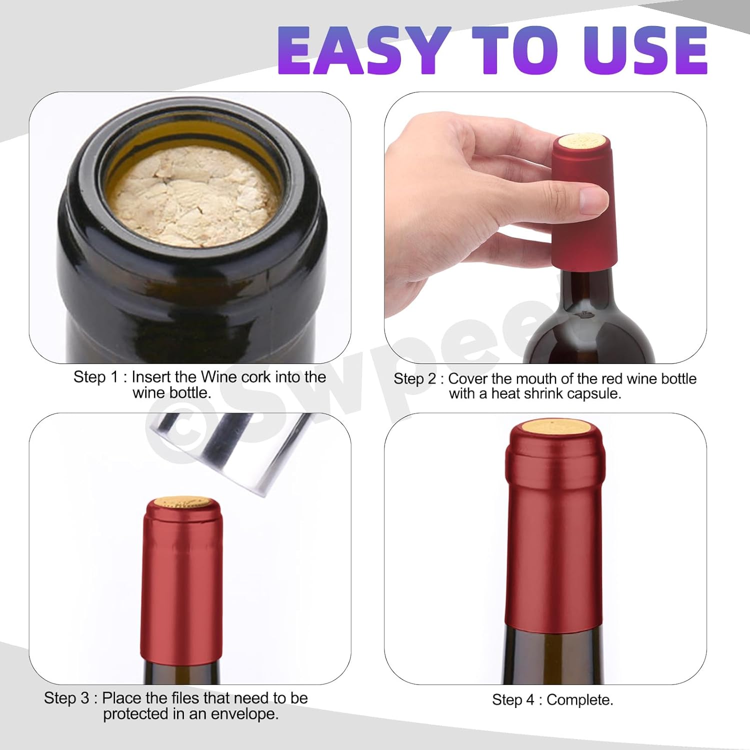 Swpeet 190 cápsulas termorretráctiles de PVC de 8 colores y botella de vino recta natural, tapón de corcho, surtido de tapones de corcho, envoltura