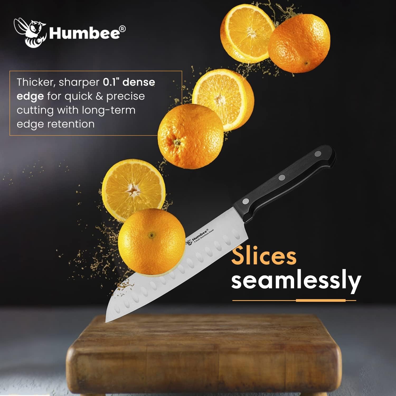 Humbee, Cuchillo Santoku de acero inoxidable de 7.5 pulgadas, cuchillo de chef japonés ultra afilado, cuchillo de cocina de agarre cómodo