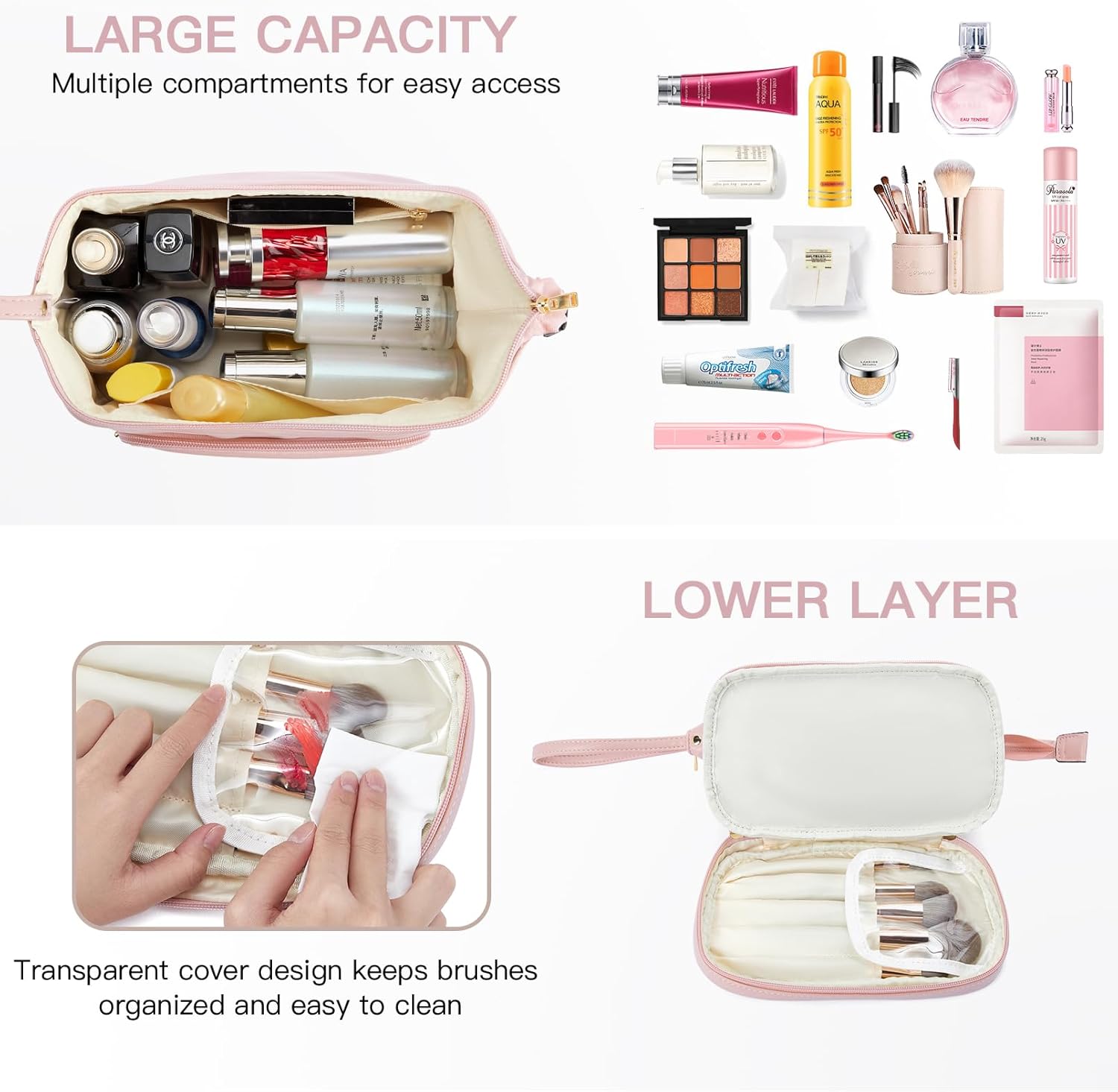 Telena Bolsa de maquillaje de gran capacidad, bolsas de cosméticos de viaje de doble capa, bolsa de maquillaje portátil de cuero para mujeres