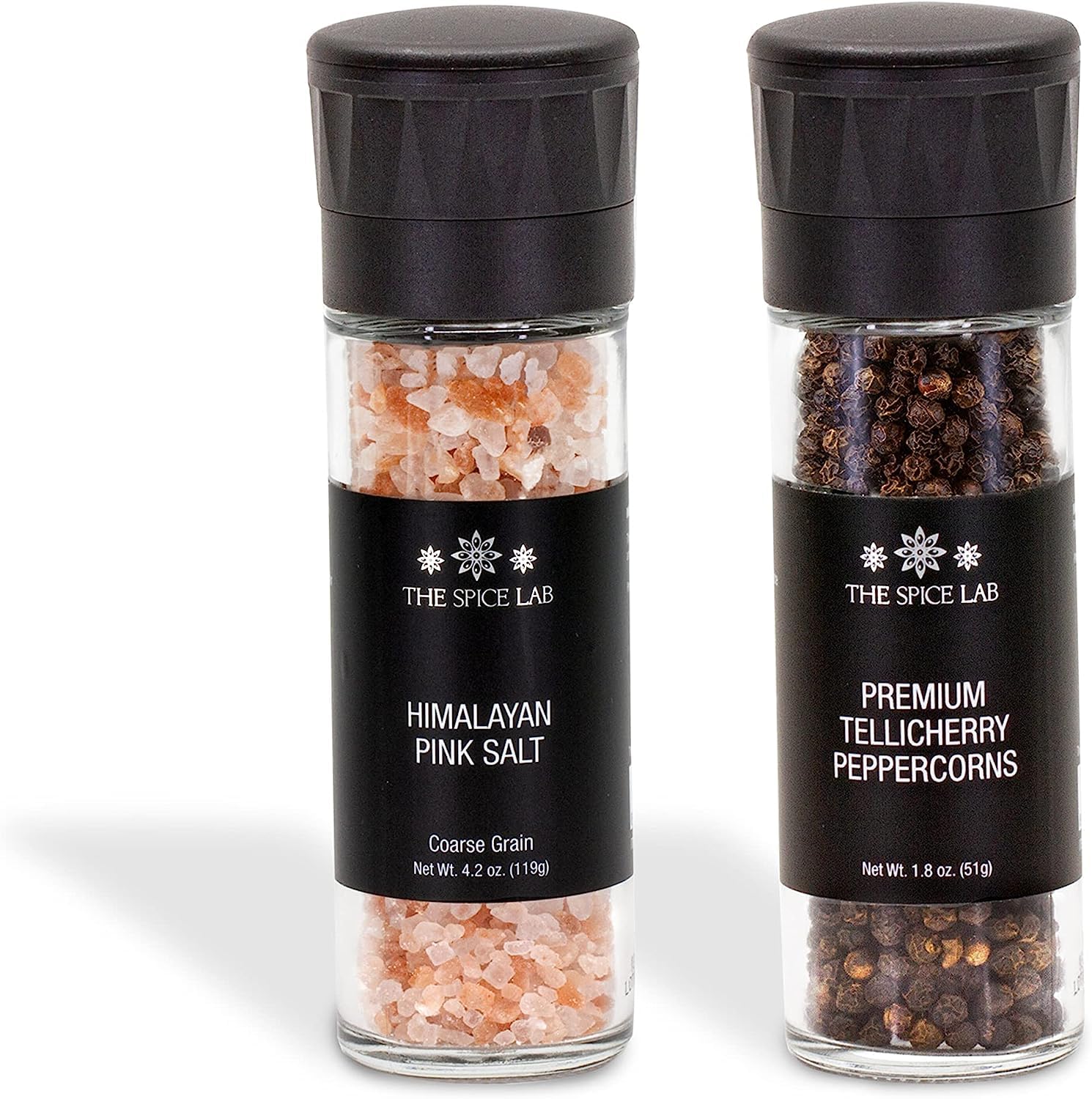 The Spice Lab Juego de molinillo de sal rosa del Himalaya y granos enteros de pimienta Tellicherry  Descubre el exquisito sabor de la sal rosa del