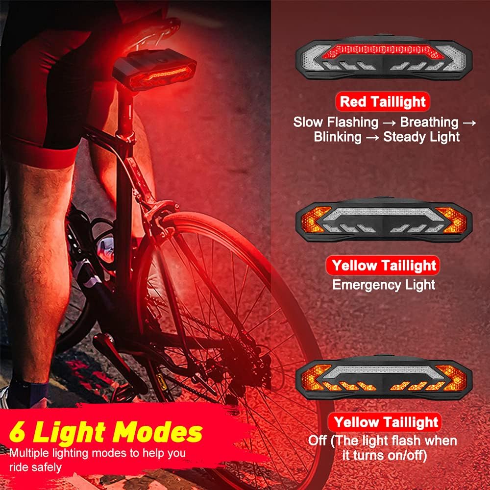 ONVIAN Luz trasera inteligente para bicicleta con señales de giro, alarma de bicicleta con mando a distancia, luz trasera recargable, luces de