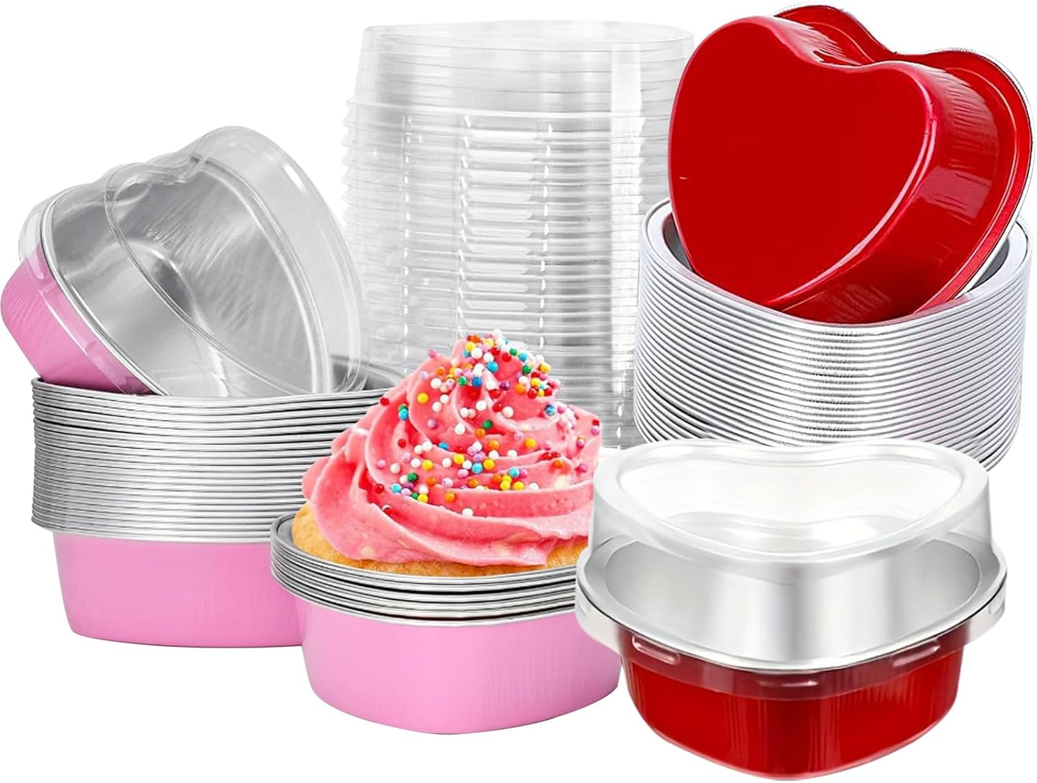 50 moldes para pasteles en forma de corazón, mini tazas de aluminio para cupcakes, 3.5 onzas líquidas, molde de papel de aluminio para pasteles con