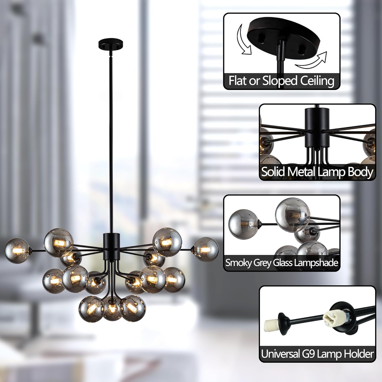 Candelabros para comedor 15 luces Sputnik Candelabros modernos de mediados de siglo, lámpara de techo semiempotrada con globo ahumado, lámpara