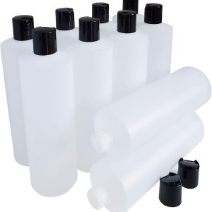 kelkaa Botellas de plástico de polietileno de alta densidad de 16 onzas con tapa superior de disco de prensa negra, recipiente transparente natural kelkaa Botellas de plástico de polietileno de alta densidad de 16 onzas con tapa superior de disco de prensa negra, recipiente transparente natural