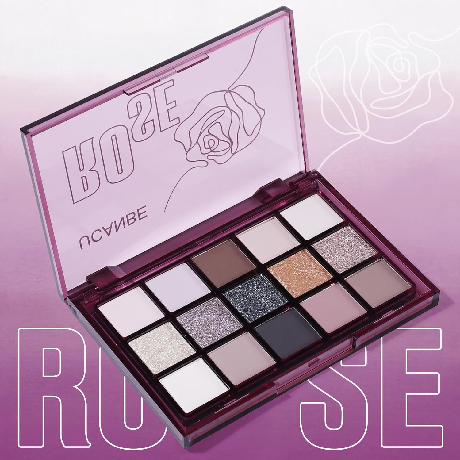 UCANBE Smokey Rose Paleta de sombra de ojos, 15 colores neutros brillantes mate, paleta de maquillaje metálico, color marrón topo ahumado nude