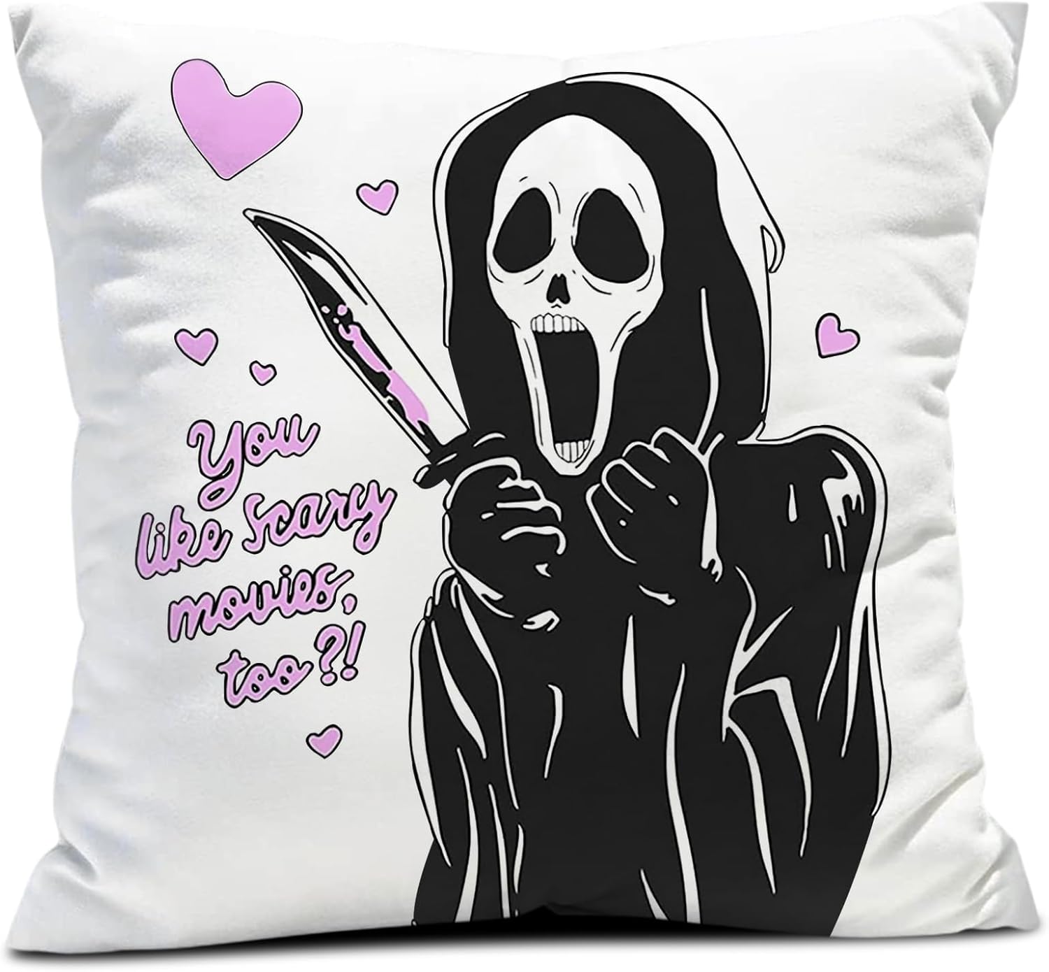 Funda de almohada blanca con texto en inglés “You Like Scary Movies Too Pink Ghost Scary Face” (“You Like Scary Movies Too Pink Ghost Scary Cara”),