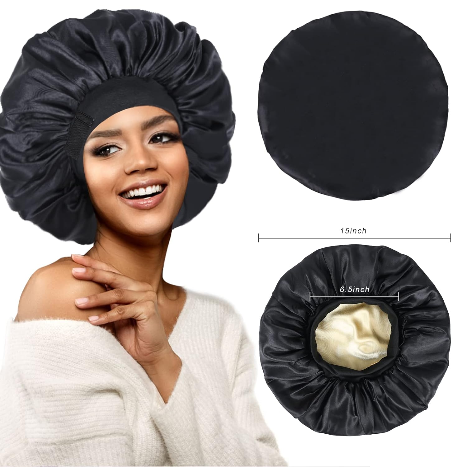 Gorro de seda para dormir de doble capa de satén ajustable para mujeres negras, gorro de dormir reversible para cabello rizado (negro)