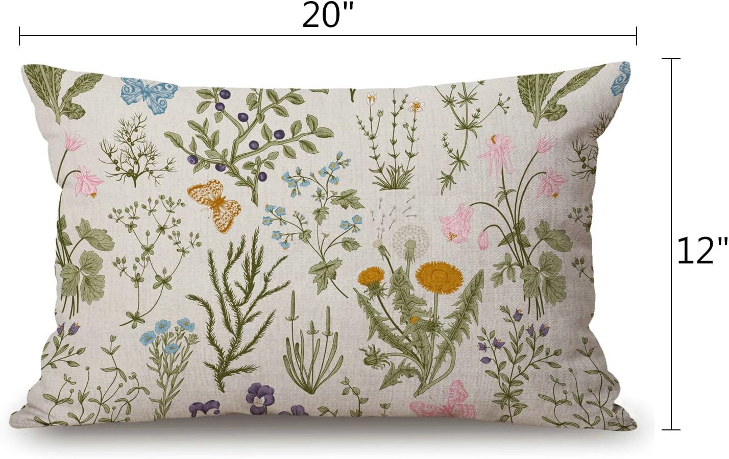 Funda de cojín decorativa de lino y algodón botánico con plantas de jardín vintage con hierbas, flores, para sofá, cama, 12 x 20 pulgadas