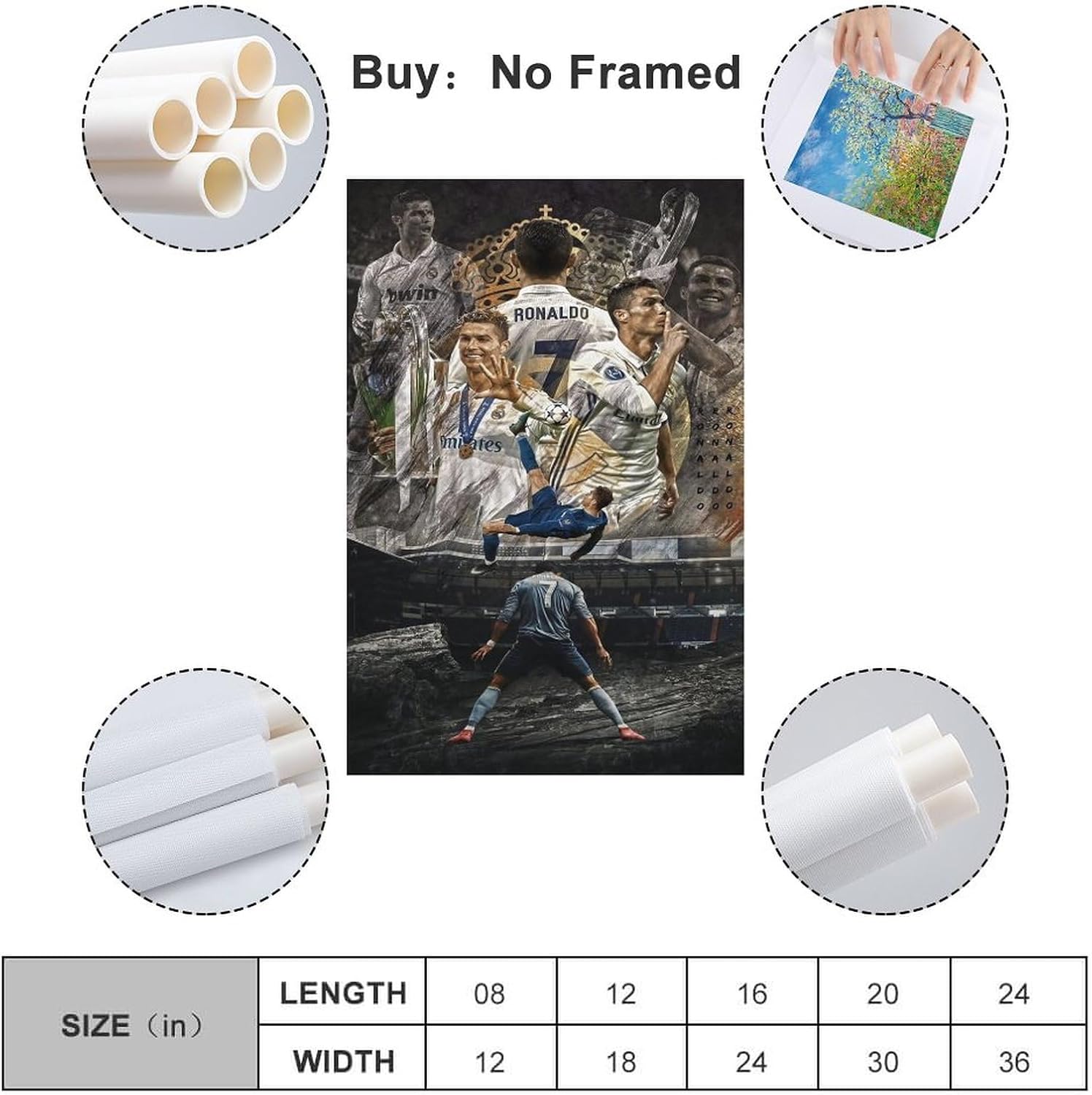 VCLUST Cristiano Ronaldo – Póster de fútbol para decoración artística de pared, lienzo para decoración de dormitorio, 16 x 24 pulgadas, 4