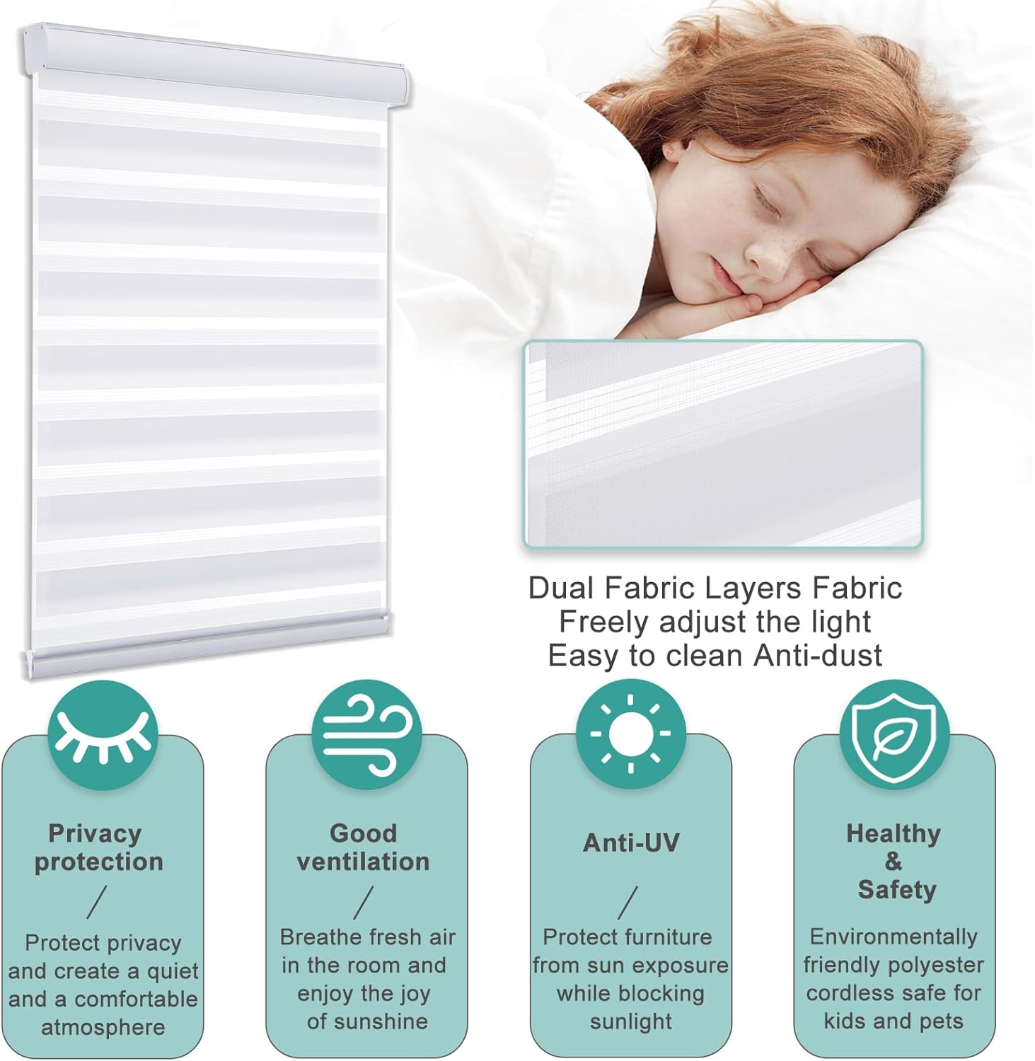 MYshade Persianas sin cordones de cebra para ventanas, persianas de doble capa para filtrar la luz, persianas de día y noche para cocina,