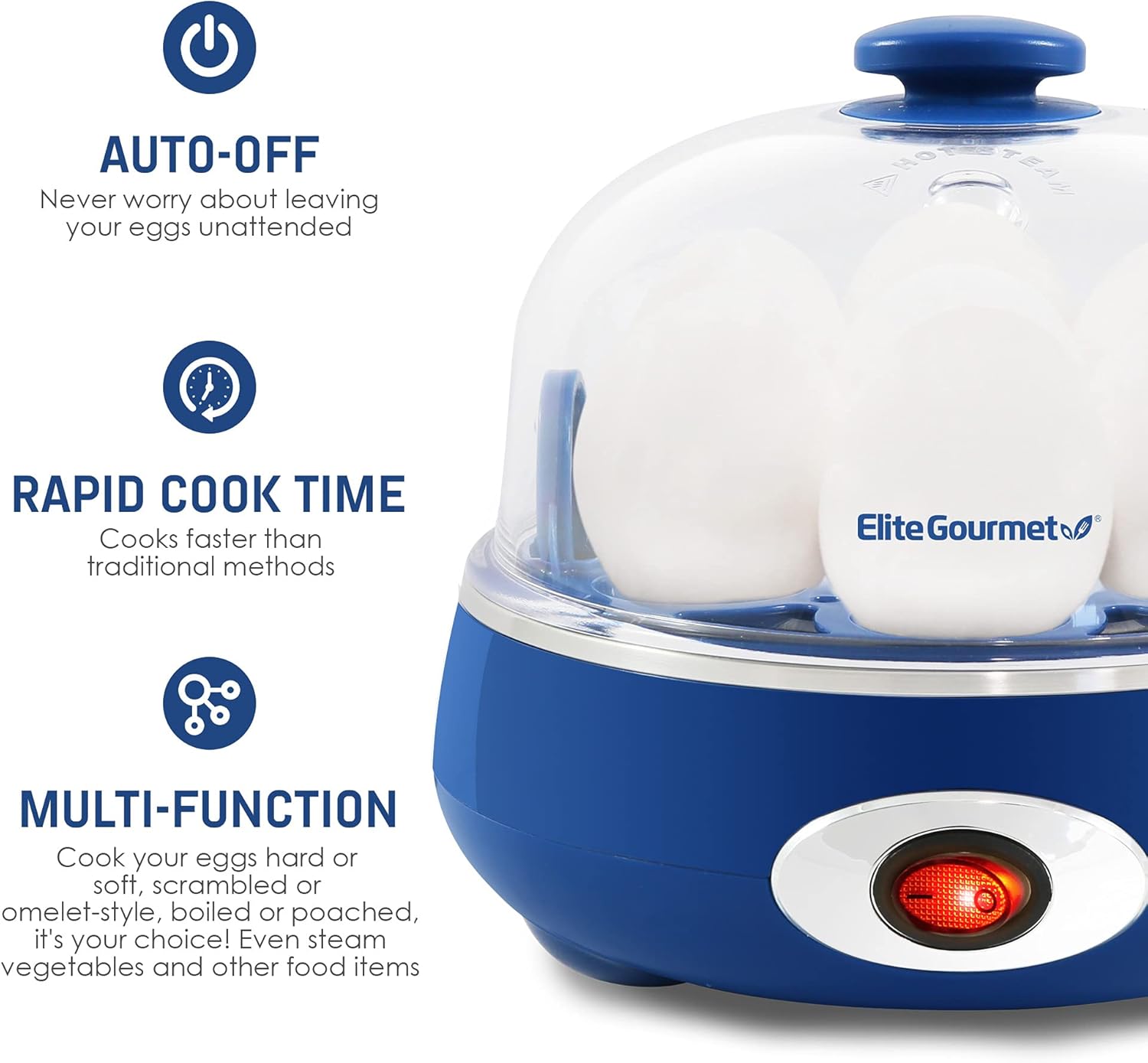 Elite Gourmet – Olla rápida para huevos EGC007CBL#, capacidad 7 huevos, máquina para escalfar y hacer tortillas, con alarma y apagado automático,