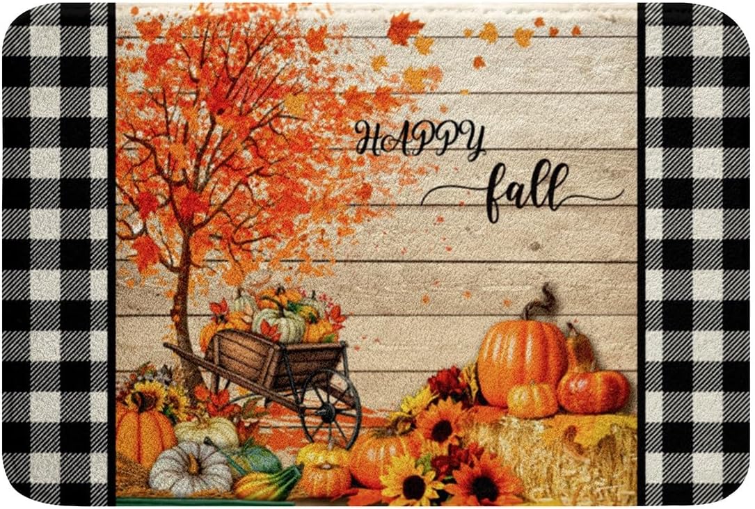 Happy Fall Bath Mat for, Autumn Harvest Theme Bath Carpets, Pumpkin Sunflower Maple Tree Rugs, Non Slip Plush, 32x20In