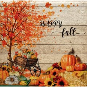 Happy Fall Bath Mat for, Autumn Harvest Theme Bath Carpets, Pumpkin Sunflower Maple Tree Rugs, Non Slip Plush, 32x20In Happy Fall Bath Mat for, Autumn Harvest Theme Bath Carpets, Pumpkin Sunflower Maple Tree Rugs, Non Slip Plush, 32x20In