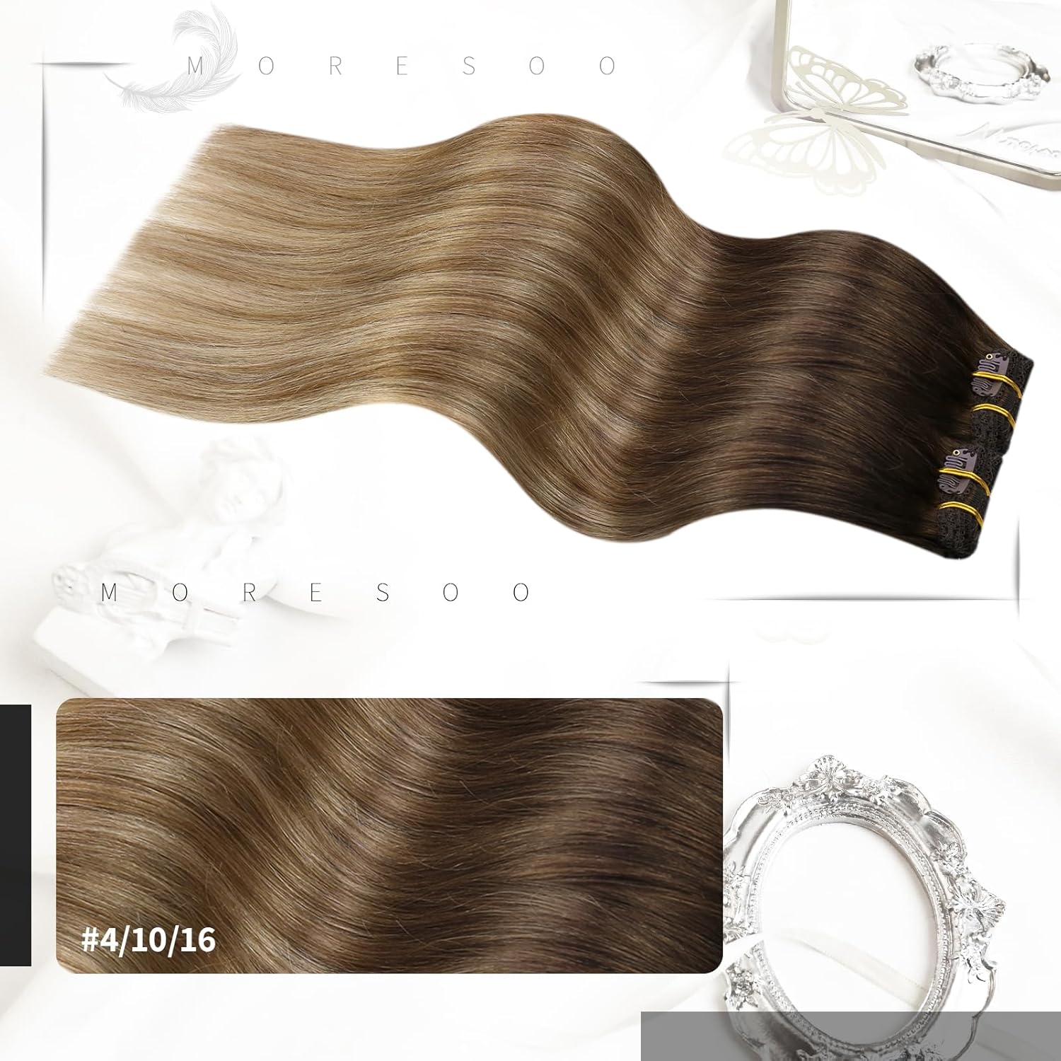 Moresoo – Extensiones de cabello humano Remy con pinzas, balayage, color degradado, trama doble, cabello grueso, para toda la cabeza, 20 pulgadas,