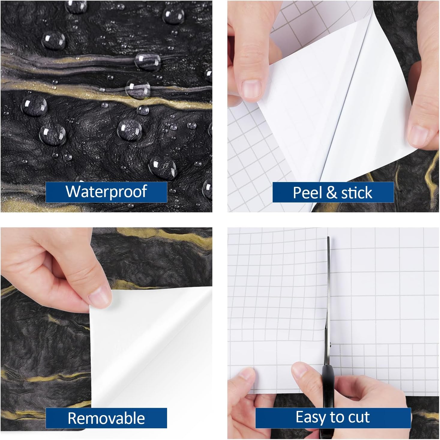 FunStick Papel adhesivo de mármol líquido negro para encimeras, papel tapiz impermeable de mármol negro y dorado, papel de encimera para cocina,