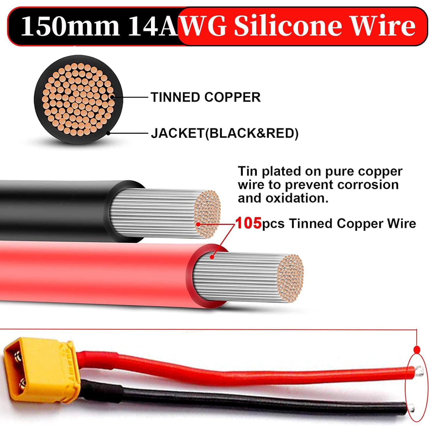 2 pares de conectores hembra y macho XT60, cable de silicona de 14 AWG con tapa protectora de aislamiento de goma para RC Drone Car Lipo cargador de
