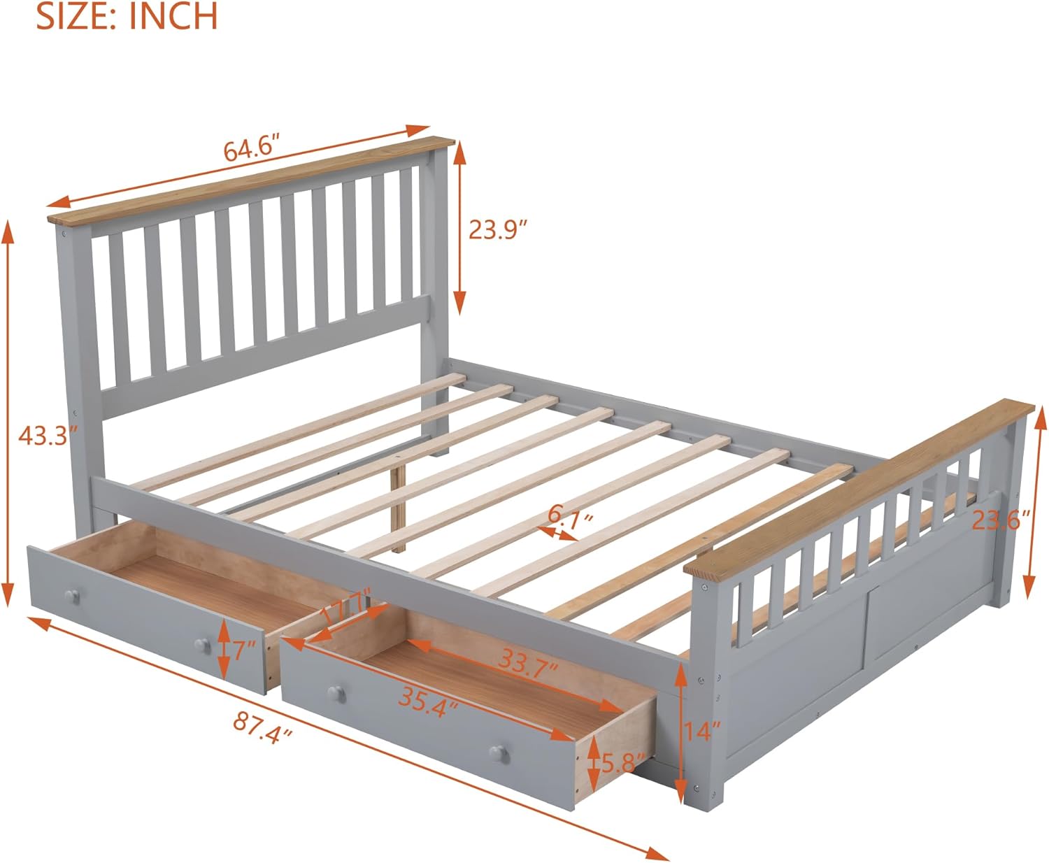Merax Cama de plataforma tamaño Queen, plataforma de madera con 2 cajones y soporte de listones de madera, gris + natural