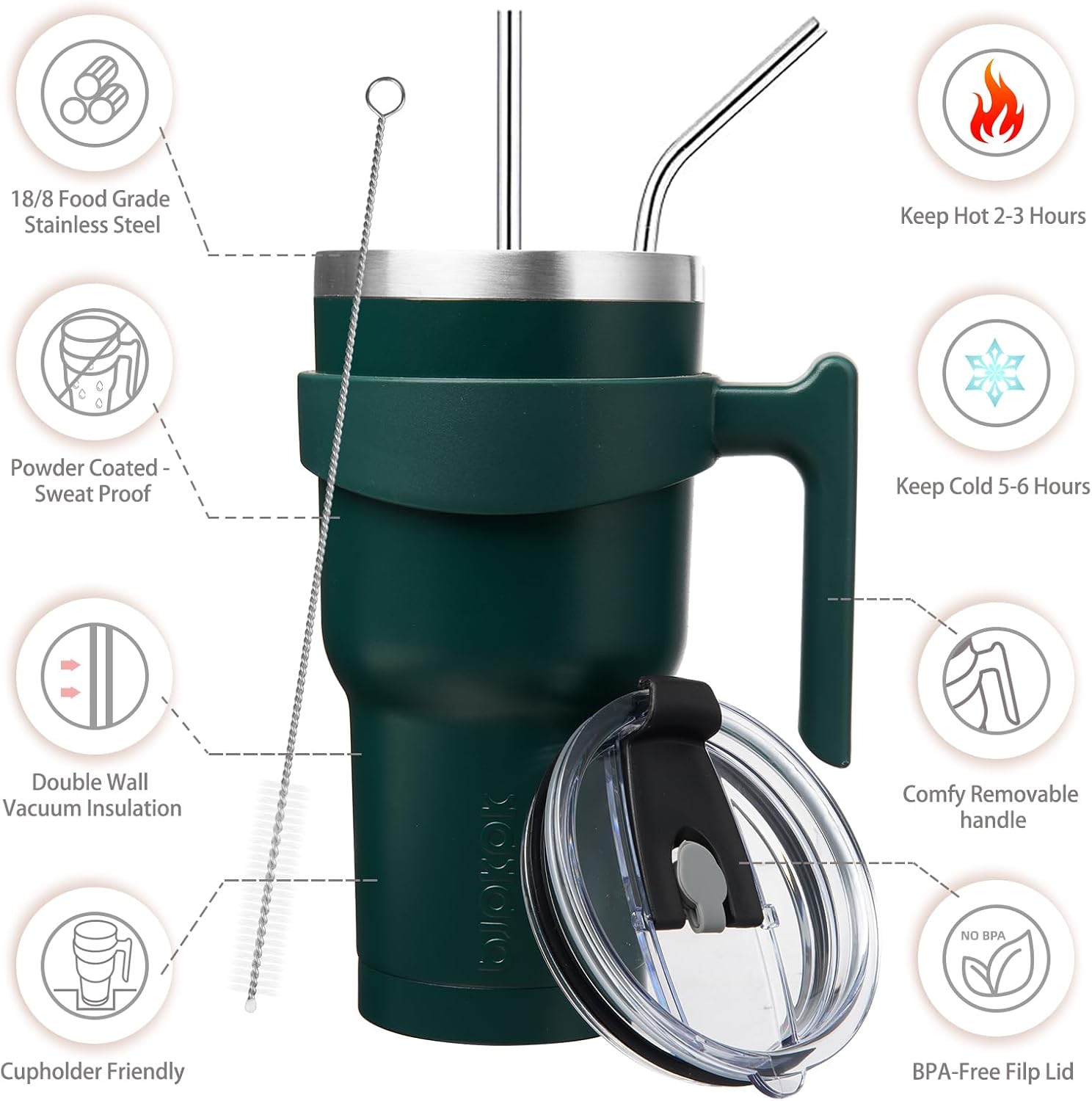BJPKPK Vaso con asa y pajita, vaso aislado de 30 onzas con tapa, taza de café de acero inoxidable, taza de viaje, verde militar