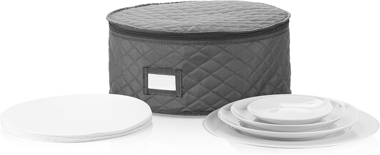 Contenedor de almacenamiento de porcelana para plato grande  14 pulgadas de ancho x 7 pulgadas de alto  Incluye 12 separadores de fieltro. Apilable