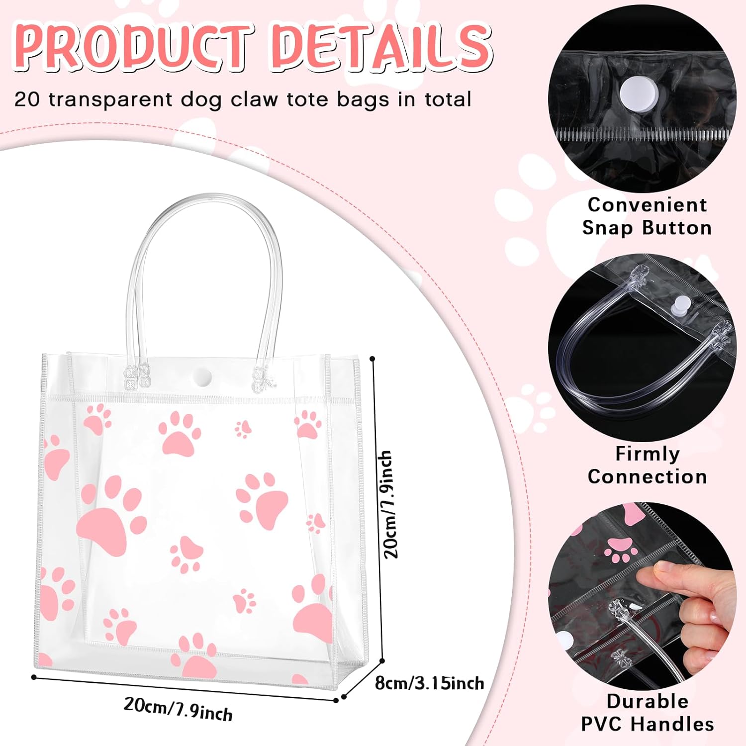 Teling Paquete de 20 bolsas de regalo de PVC transparente con asa de perro con asa, bolsas de plástico reutilizables, bolsas de regalo transparentes