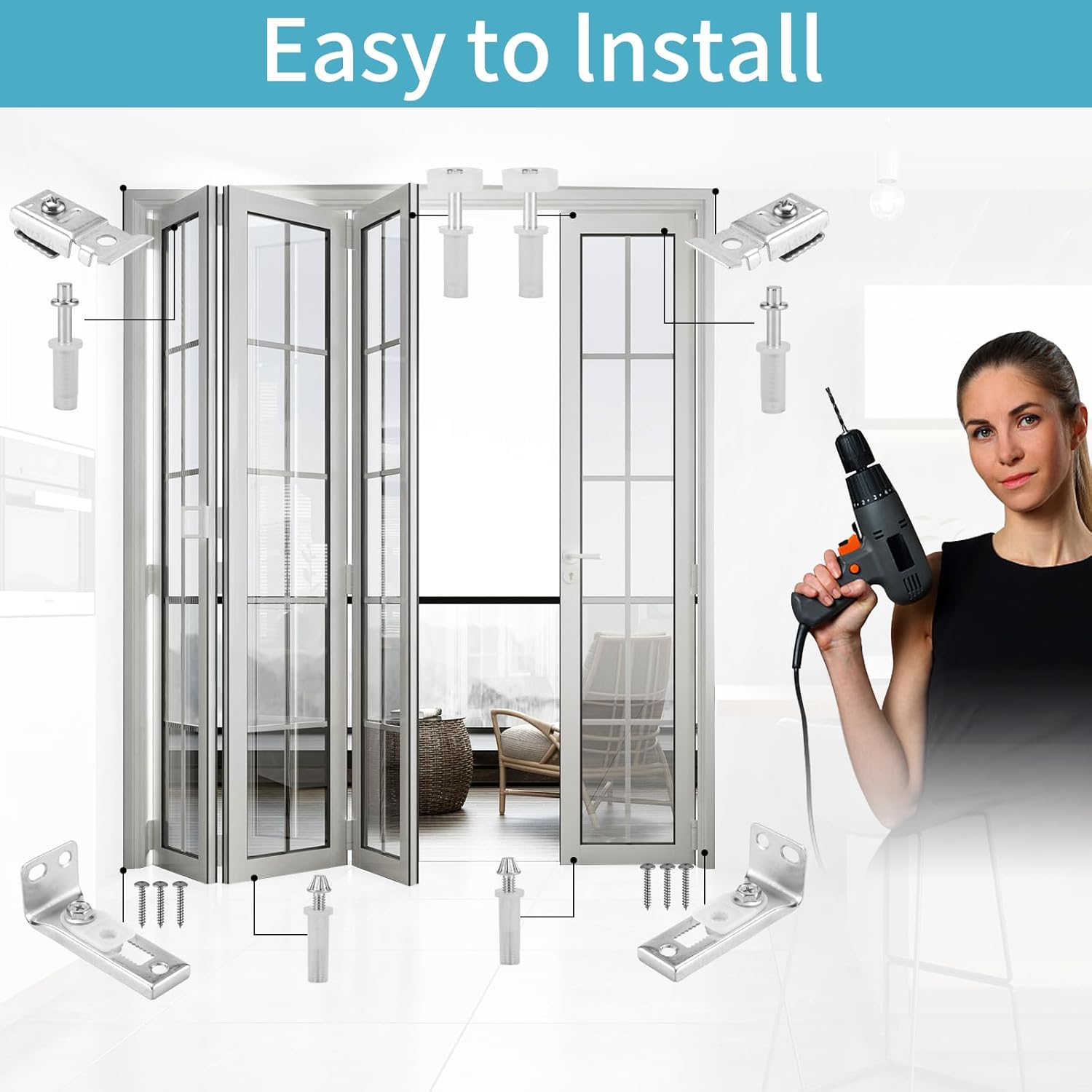 ANCKNE – Kit de herrajes para puerta de granero plegable con 2 herrajes para puertas correderas de armario con riel de rueda guía de 78 a 1 pulgada,