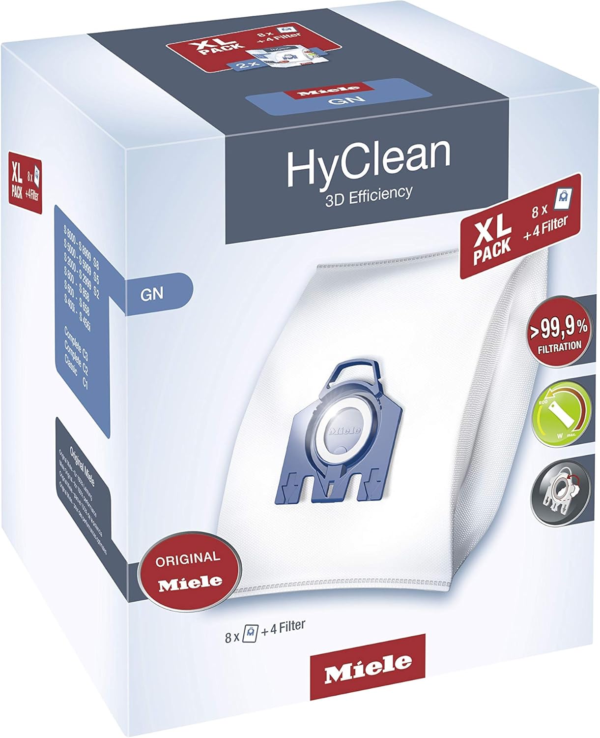 Miele HyClean GN 3D Efficiency XL – Bolsas de basura para aspiradoras Miele empaquetadas, color azul, paquete de 8, 10455000