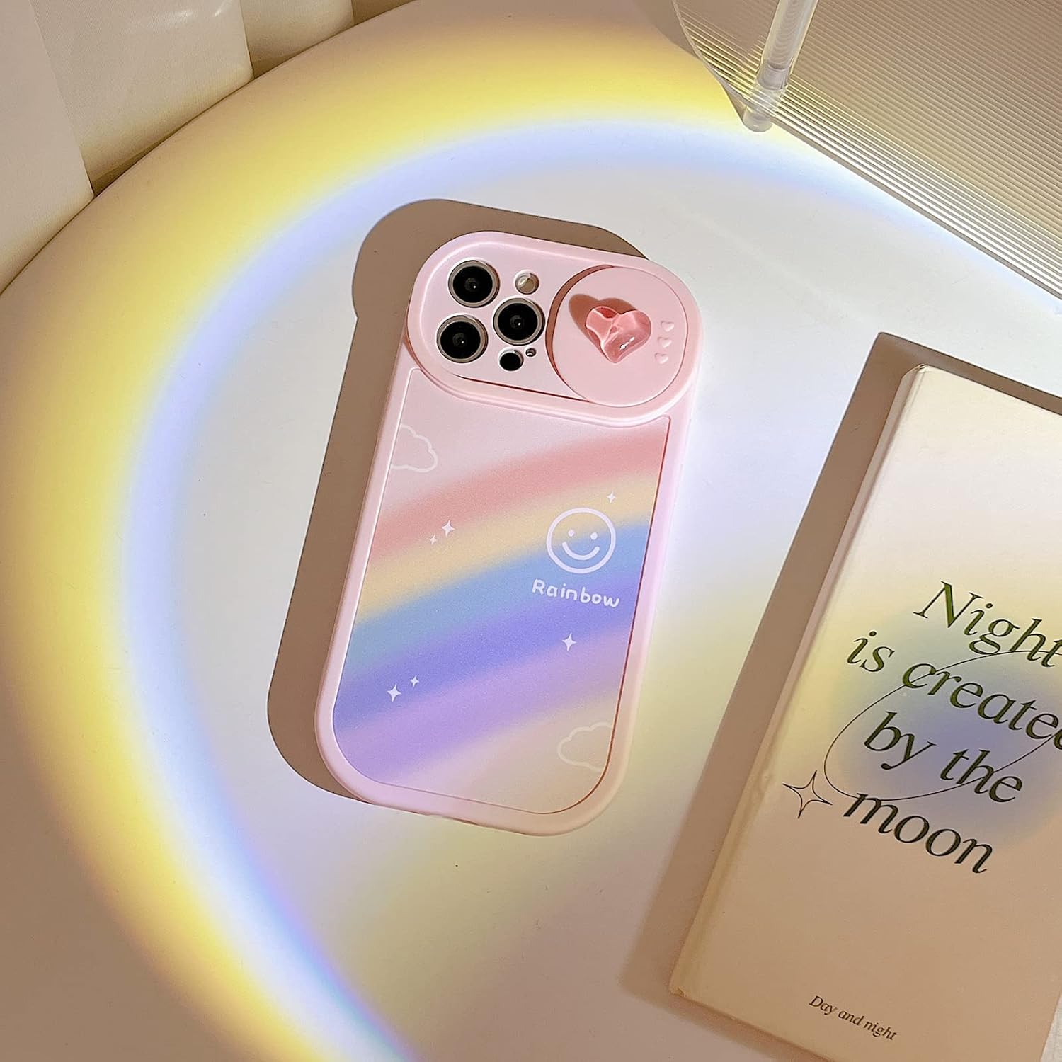 bafokrim Funda de teléfono Kawaii súper protectora para iPhone 11 Pro Max, diseño de arco iris rosa con protector de lente de cámara para mujeres y