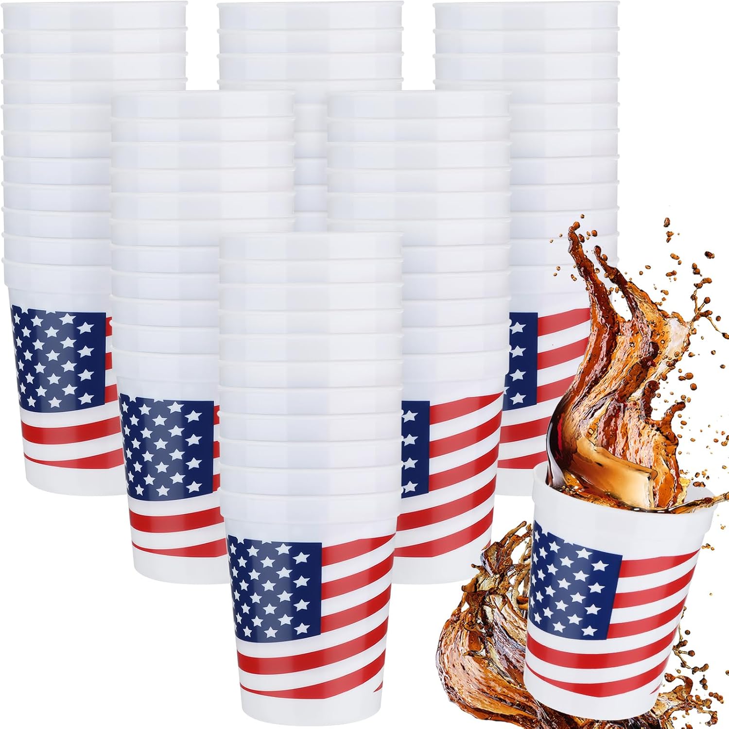64 vasos patrióticos de plástico con la bandera estadounidense, vasos para fiestas en estadios del 4 de julio, vasos blancos, rojos y azules, vaso
