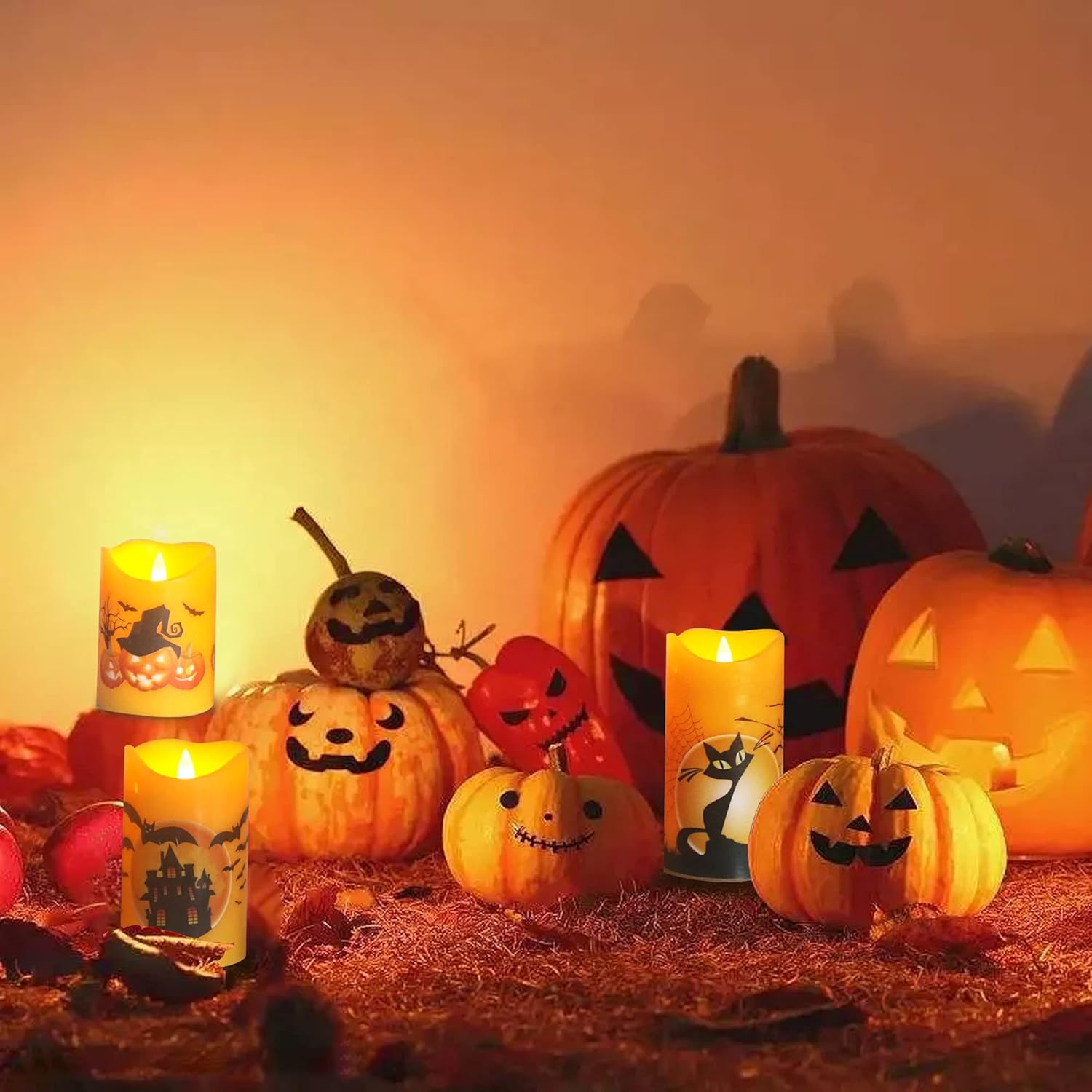7LinRay Velas parpadeantes sin llama de Halloween con control remoto y temporizador, velas LED de cera real que funcionan con pilas, con calabaza,
