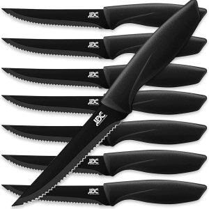 LUX Décor – Juego de 8 cuchillos para carne, elegantes cuchillos dentados negros ultra afilados, aptos para lavavajillas, juego de cuchillos para LUX Décor – Juego de 8 cuchillos para carne, elegantes cuchillos dentados negros ultra afilados, aptos para lavavajillas, juego de cuchillos para