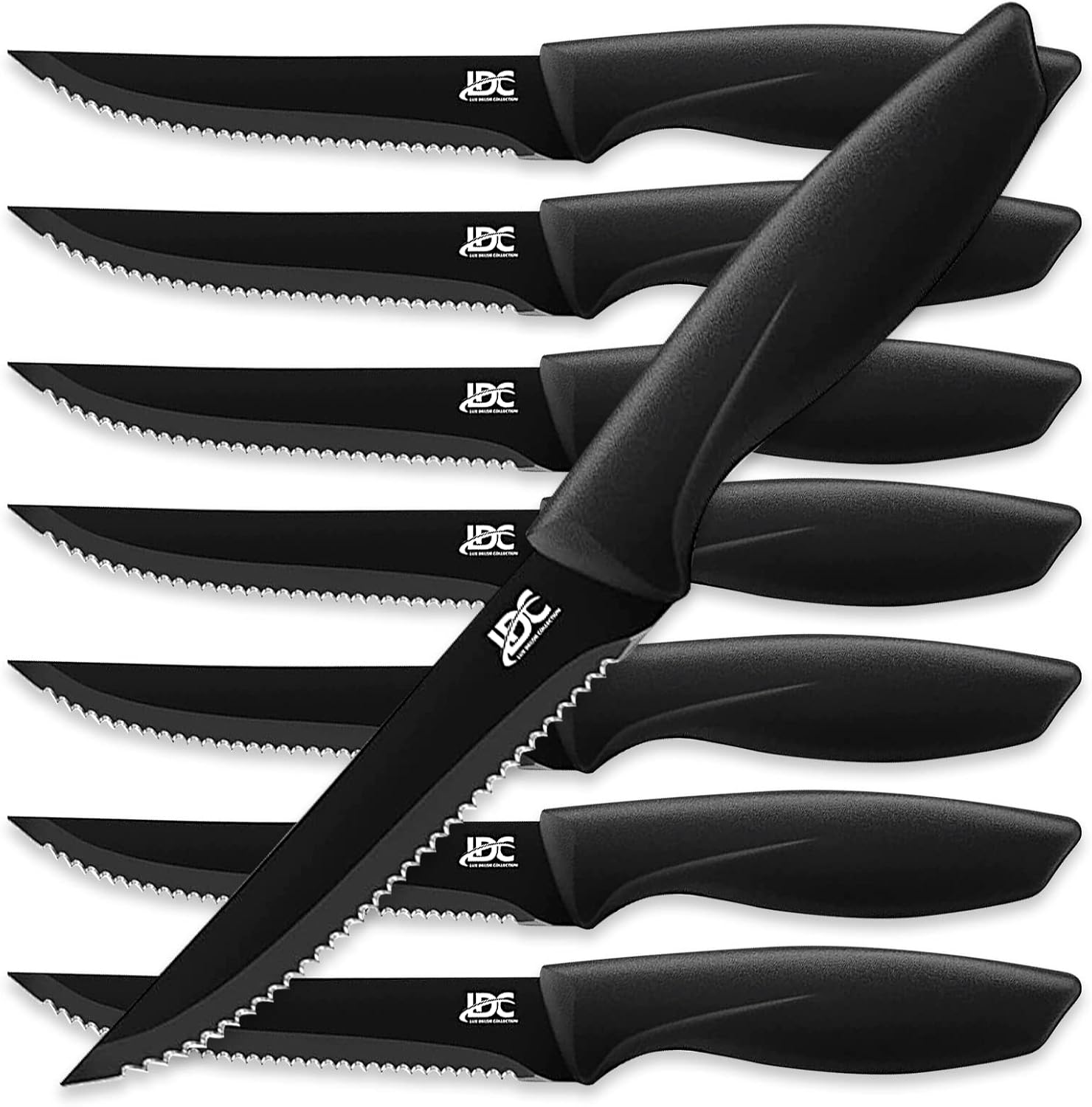 LUX Décor – Juego de 8 cuchillos para carne, elegantes cuchillos dentados negros ultra afilados, aptos para lavavajillas, juego de cuchillos para