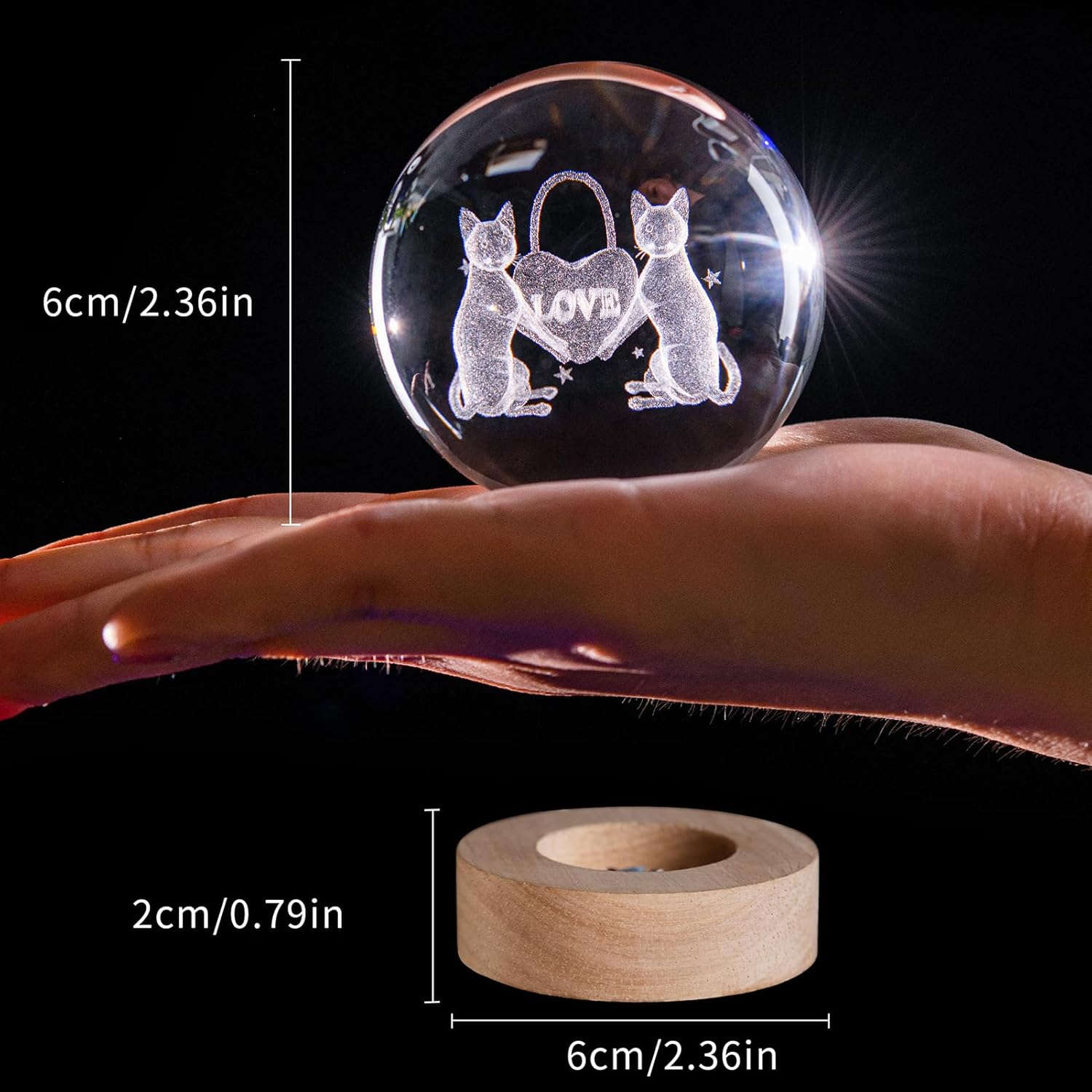 Luz nocturna de bola de cristal para habitación de los niños, bolas decorativas grabadas con láser de gato 3D con base de luz LED, luces nocturnas