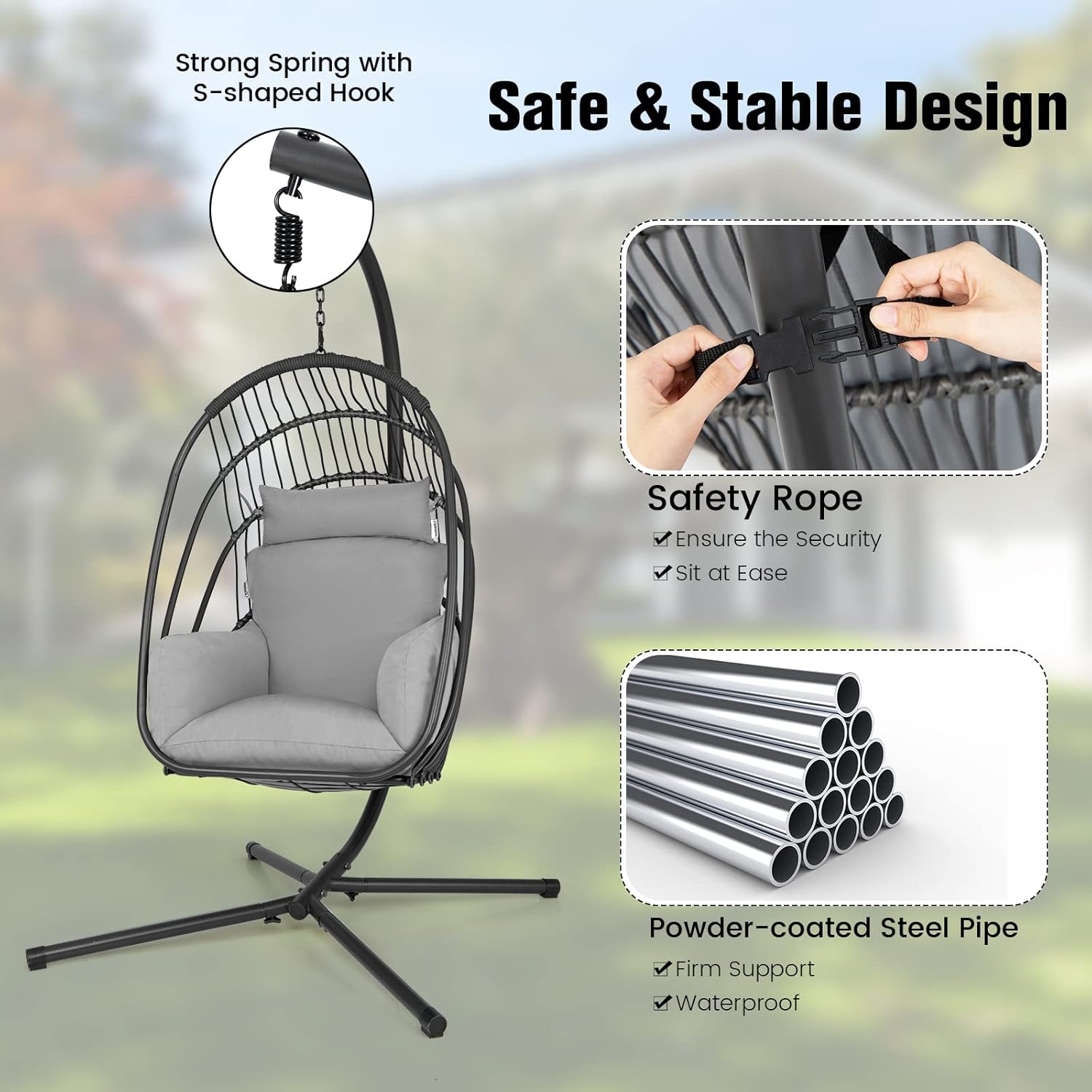 Giantex Silla colgante de huevo con soporte, silla plegable con cojín suave y almohada, silla hamaca plegable para patio, silla colgante de ratán de
