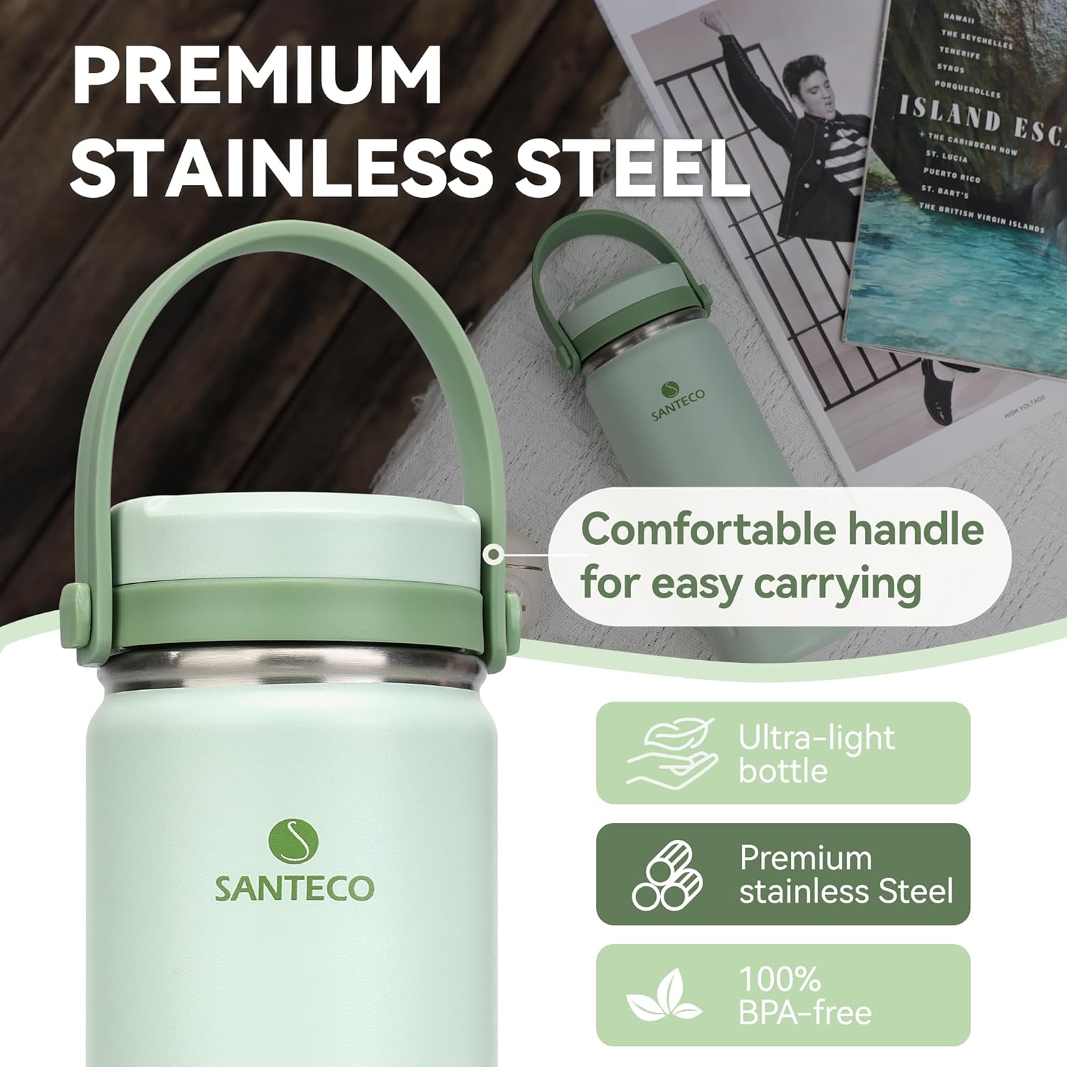 SANTECO Botella de agua de acero inoxidable de 13 onzas con asa, doble pared aislada, botella de agua con personalidad elegante, boca ancha, diseño