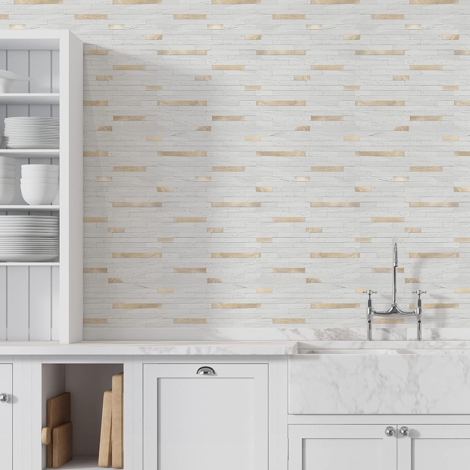 STICKGOO 20 hojas de azulejos autoadhesivos para salpicaduras para cocina y baño, aspecto de arenisca blanca, PVC, mezcla de metal dorado, azulejos