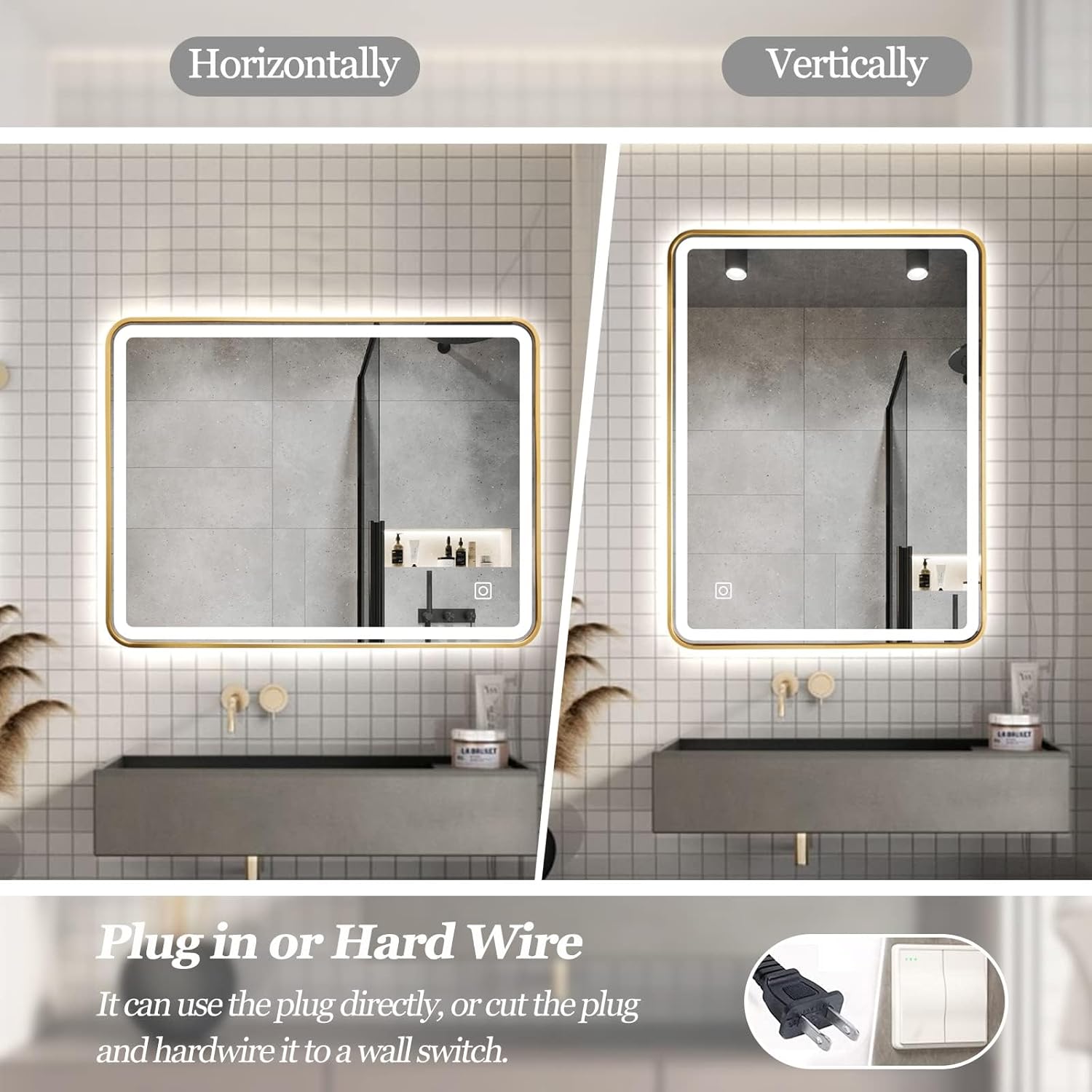 Espejo de baño LED, espejo rectangular de 36 x 28 pulgadas, espejo de pared antivaho con luz cálida  natural  blanca ajustable de 3 colores, 6000 K