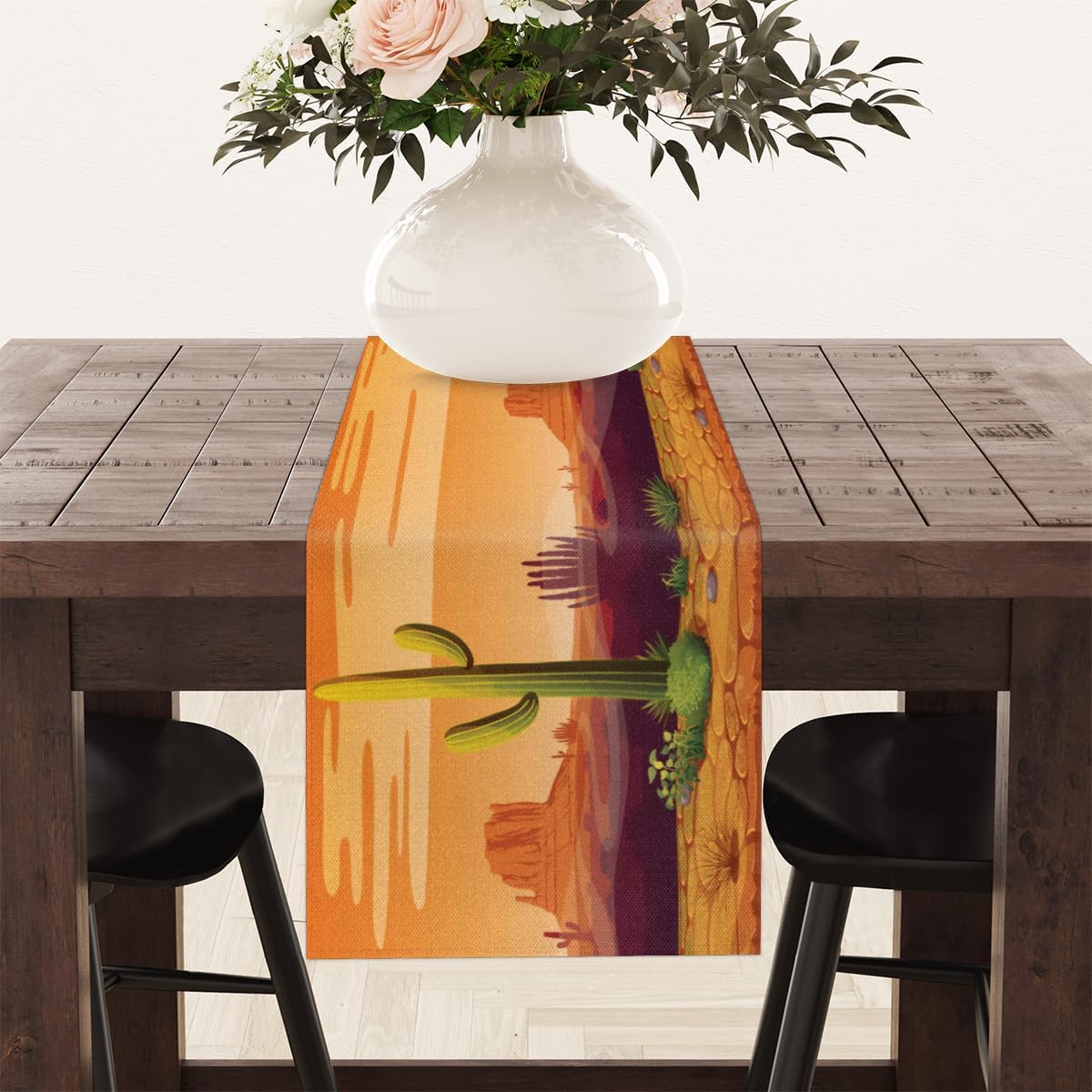 Table Runner Cartoon Cactus Desert Landscape, Rustic Linen Table Cloth, Kitchen Dining Table Decoration for Home Party Decor 13 x 48 Inches