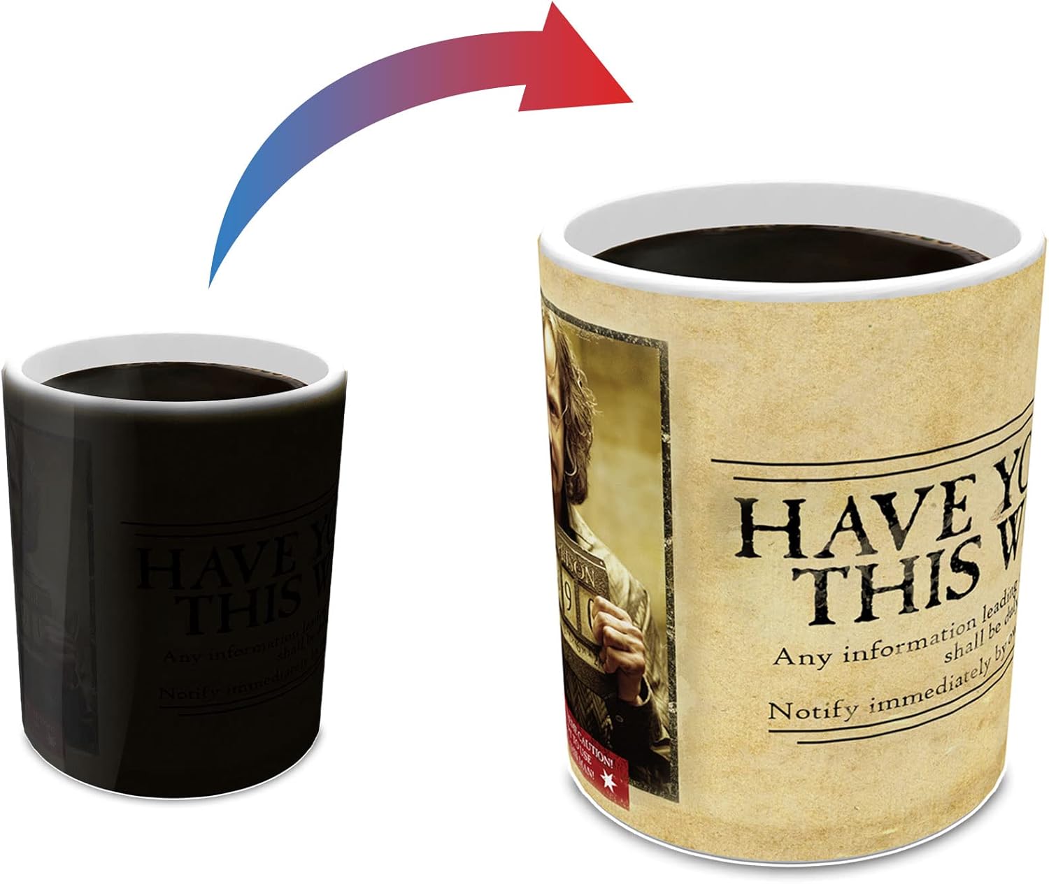 Morphing Mugs Harry Potter – Sirius Black – Wanted Wizard – Una taza de cerámica sensible al calor que cambia de color de 11 onzas  Imagen revelada