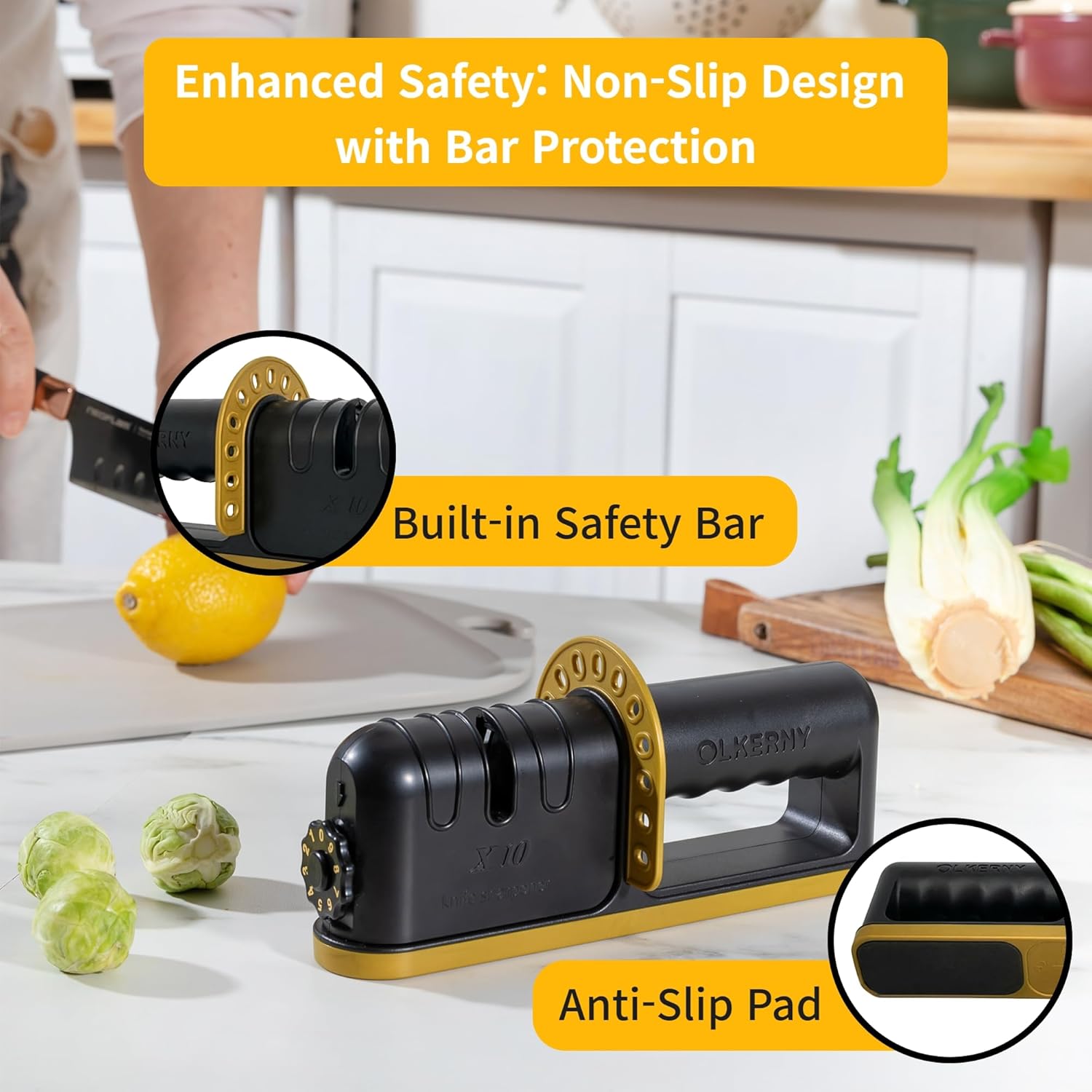 OLKERNY 10X – Afilador de cuchillos 10X sistema de afilado de 10 etapas para cuchillos de cocina, diseño ultra seguro, rueda reemplazable fácil y