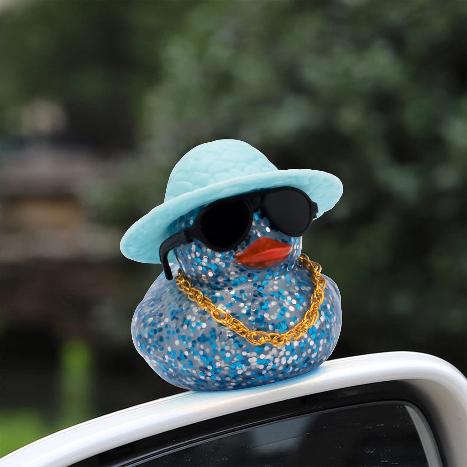 wonuu Patos de goma brillantes con gafas de sol de plástico, anillo de natación, sombrero de collar, accesorios brillantes para automóvil,