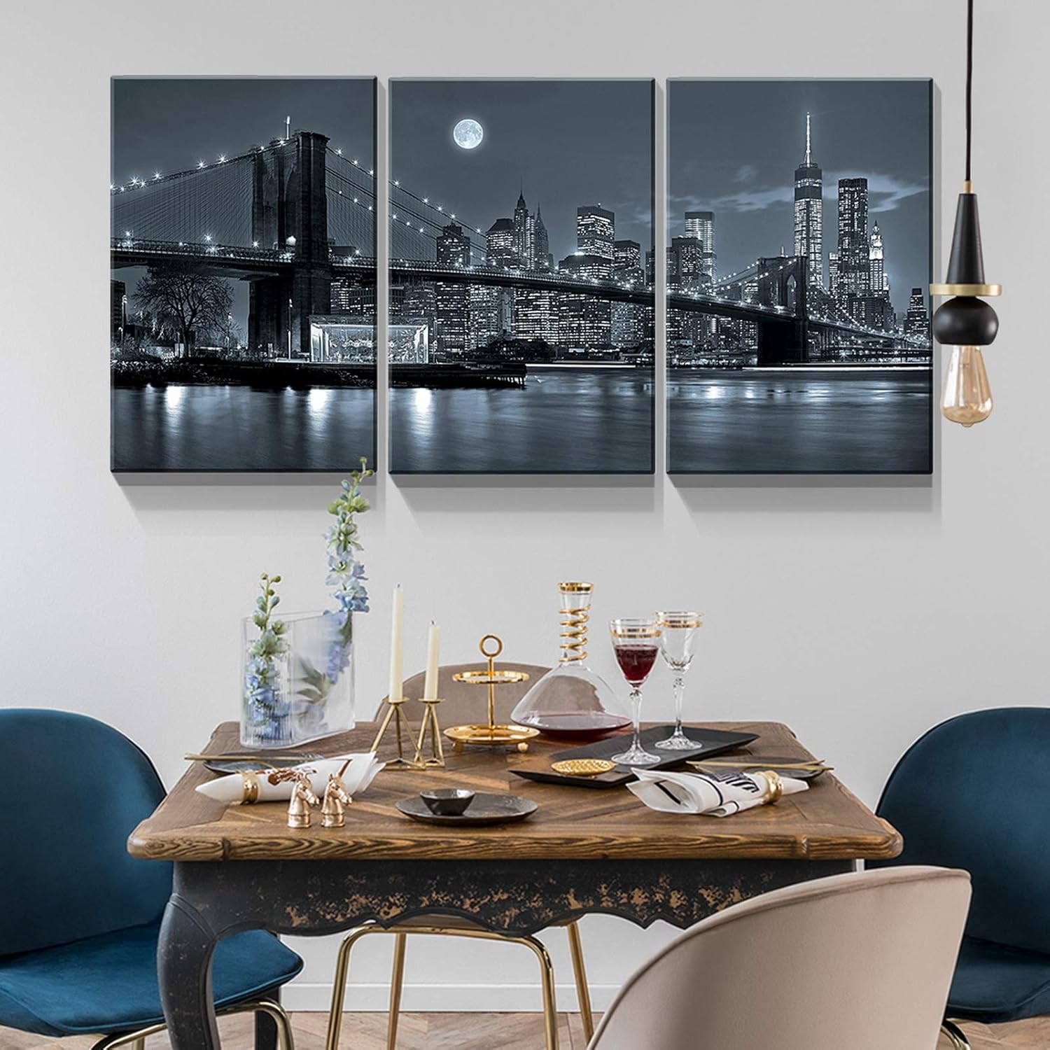 Denozer – 3 paneles de impresiones artísticas en lienzo – Impresiones modernas de Nueva York, paisaje urbano, puente de Brooklyn, arte de pared para