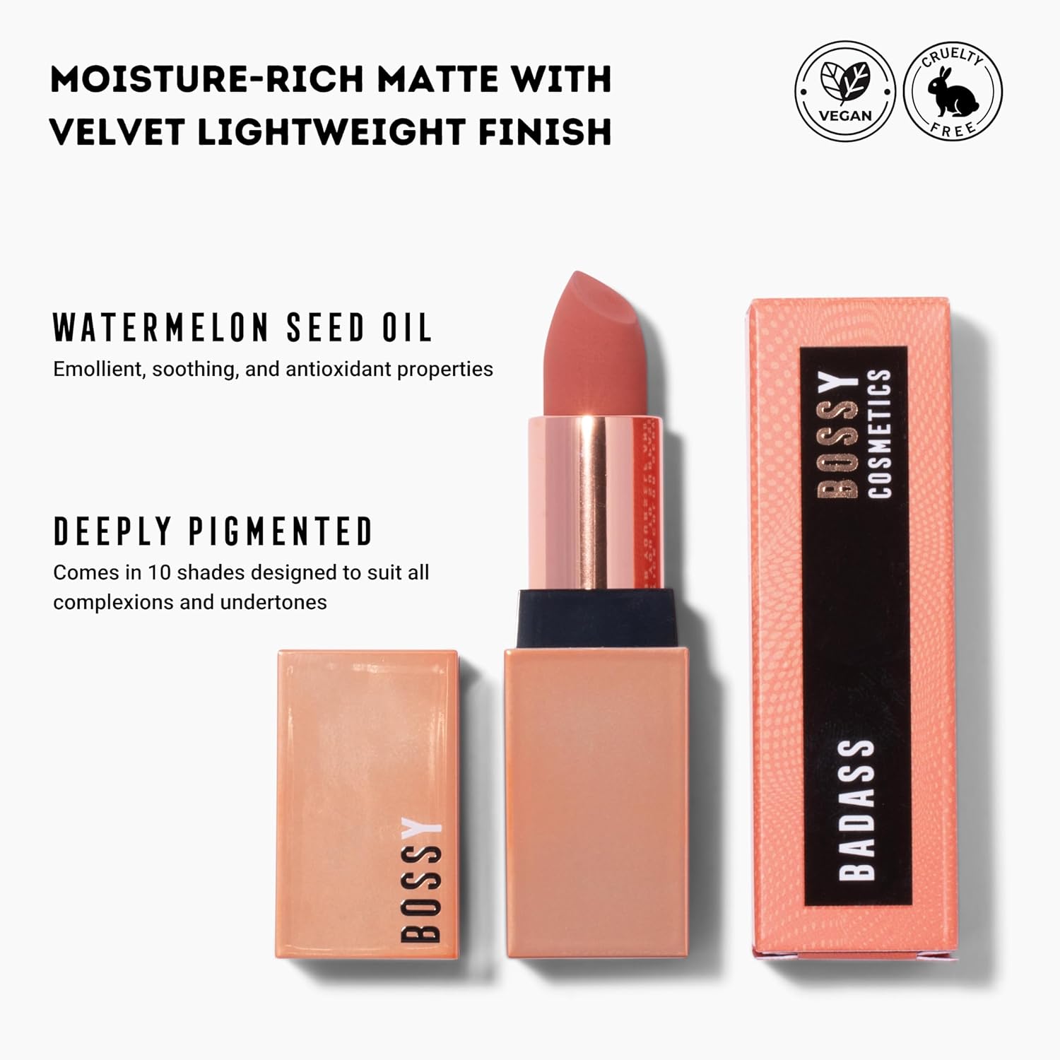 Bossy Cosmetics Lápiz labial vegano mate, de larga duración, hidratante con vitamina E y aceite de semilla de sandía (Badass – Color naranja suave)