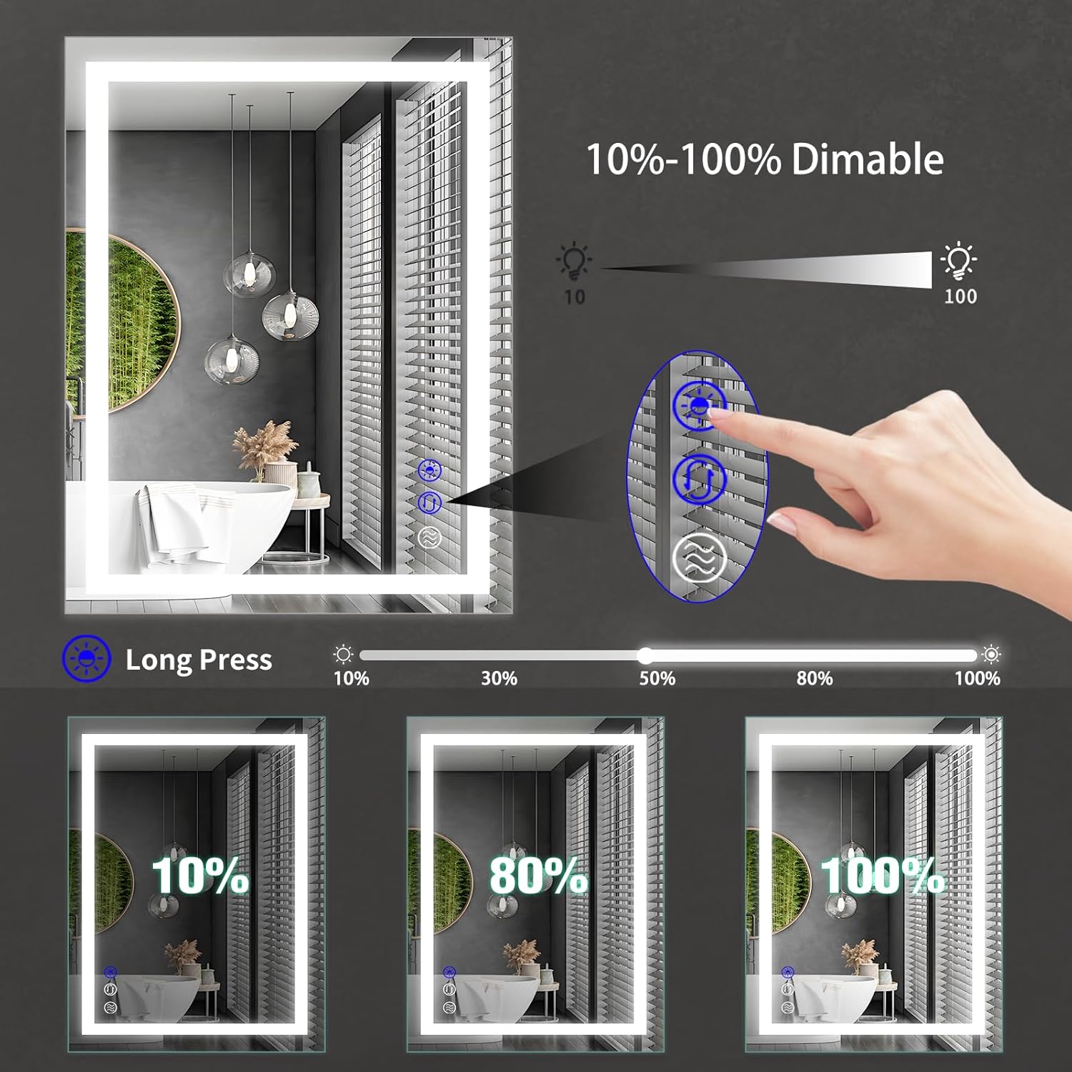 Espejo de baño LED, 32 x 24 pulgadas, espejo de tocador de baño iluminado frontal con luces, espejo de pared regulable continuo, iluminación de 3