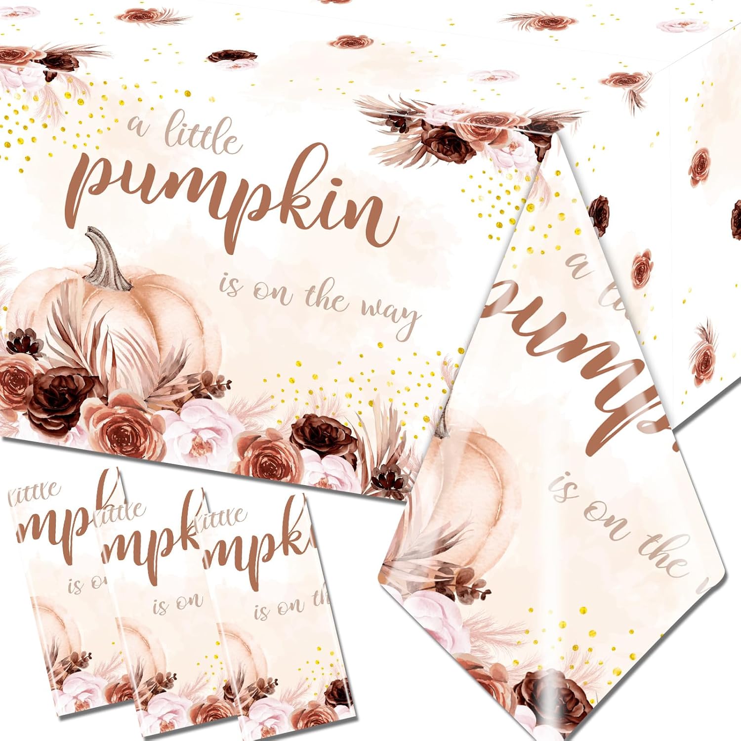 Lenyunge Decoraciones para baby shower, mantel floral de calabaza, 3 piezas, plástico impermeable, con texto en inglés “A Little Pumpkin is On The