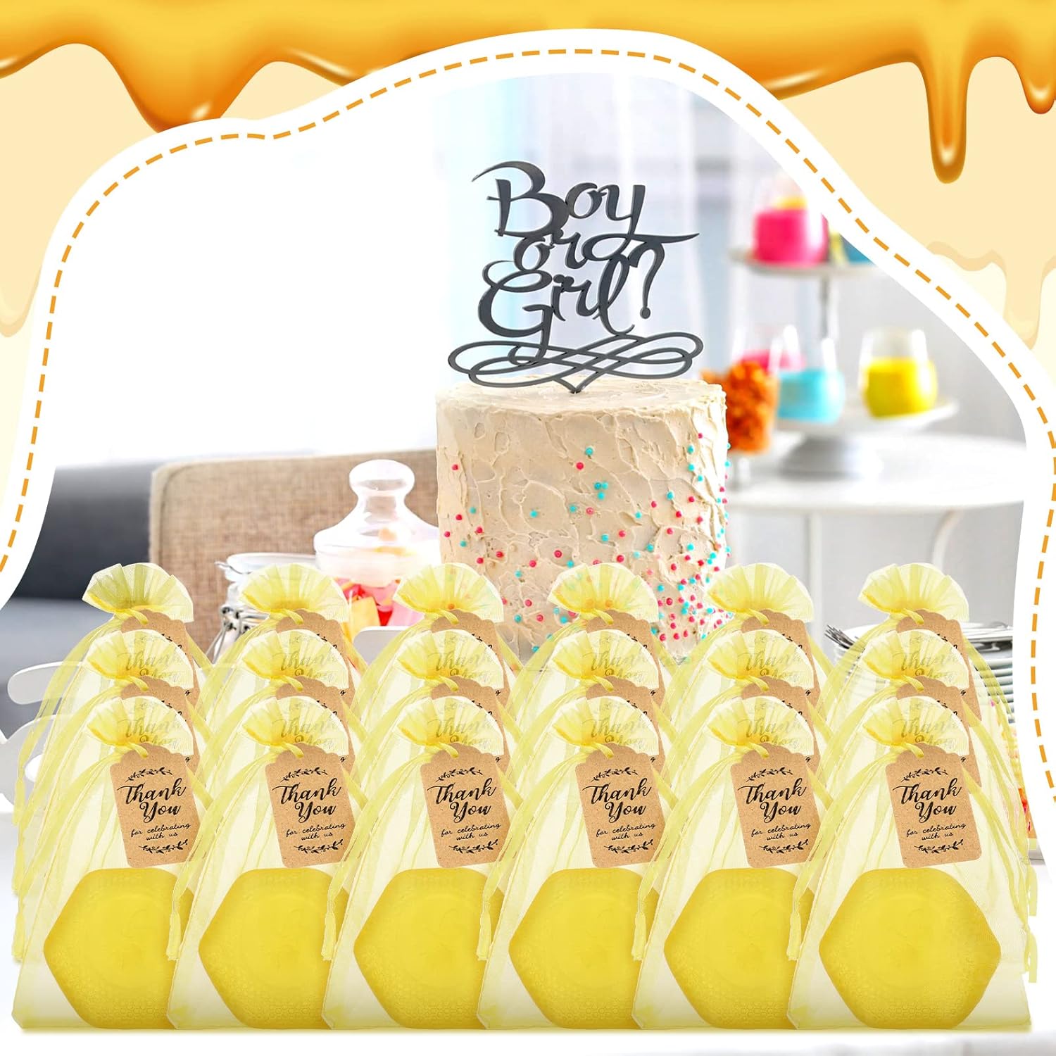 Loopeer 50 juegos de panales para baby shower con 50 bolsas de organza y 50 etiquetas de regalo de agradecimiento, mini jabones hechos a mano,
